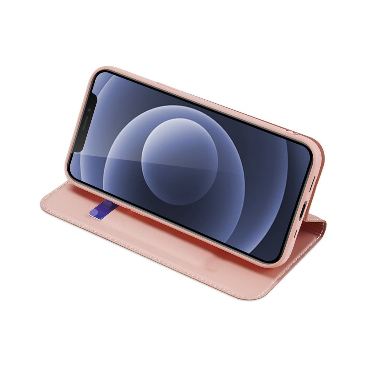 Smartphone rosa in una custodia a portafoglio rosa. Lo schermo mostra uno sfondo blu.