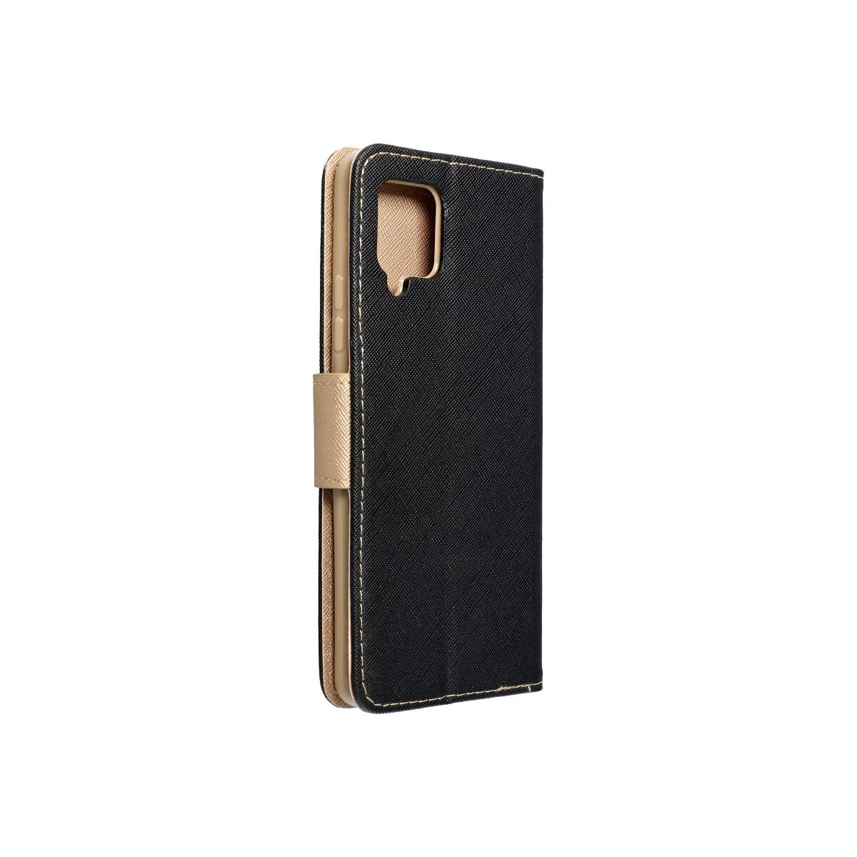 Una custodia per telefono nera, chiusa, con interno e cuciture beige. Un ritaglio a forma di telefono.