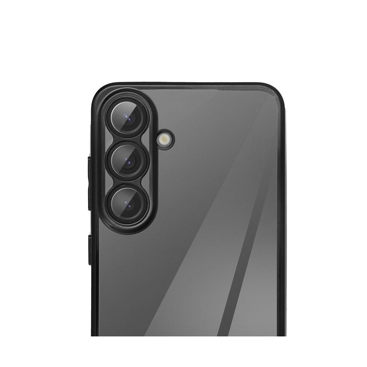 Retro di smartphone con tre lenti della fotocamera e finitura nera lucida.