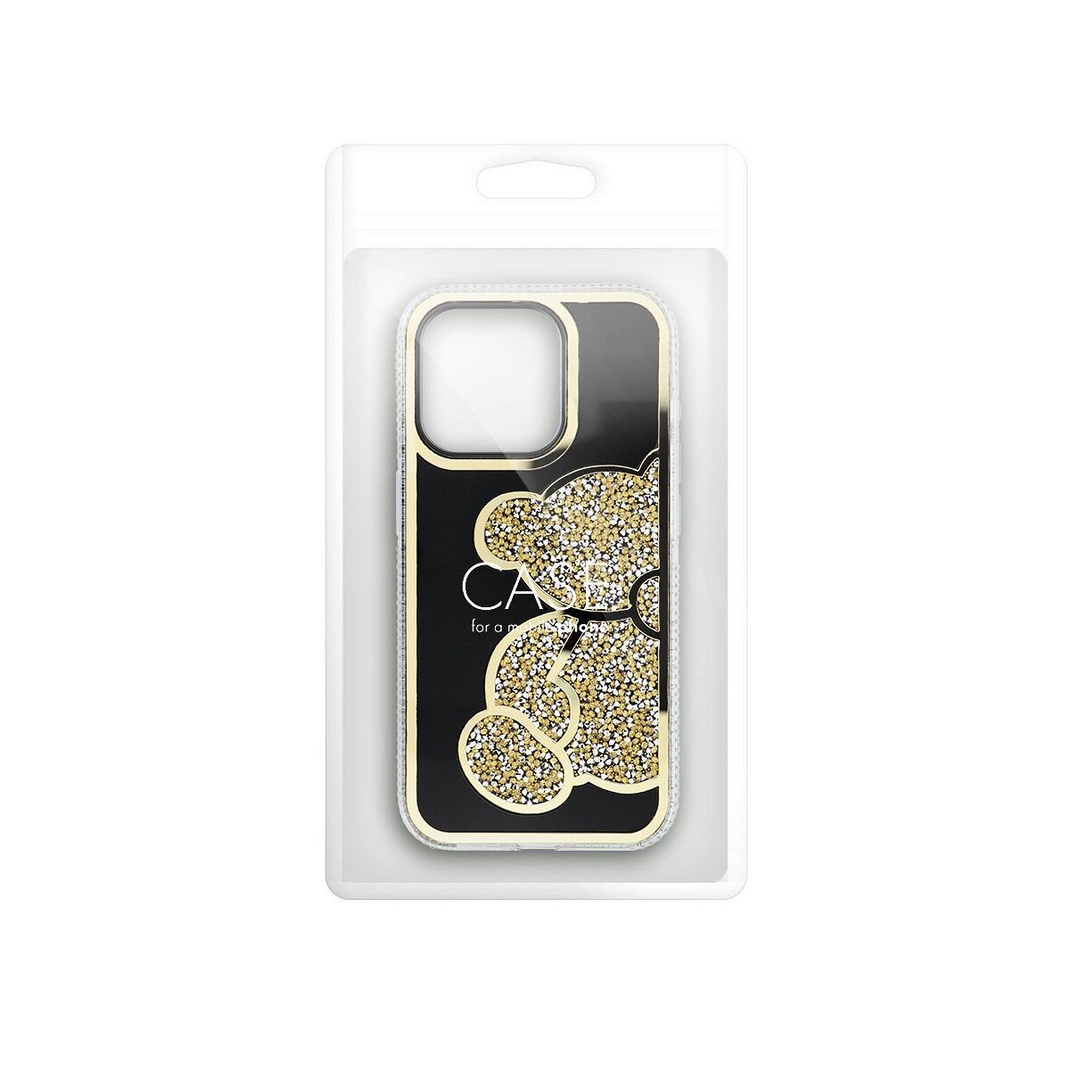 Una custodia per telefono in una confezione di plastica. La custodia è nera, con un design a orso fatto di pietre d'oro e bianche.