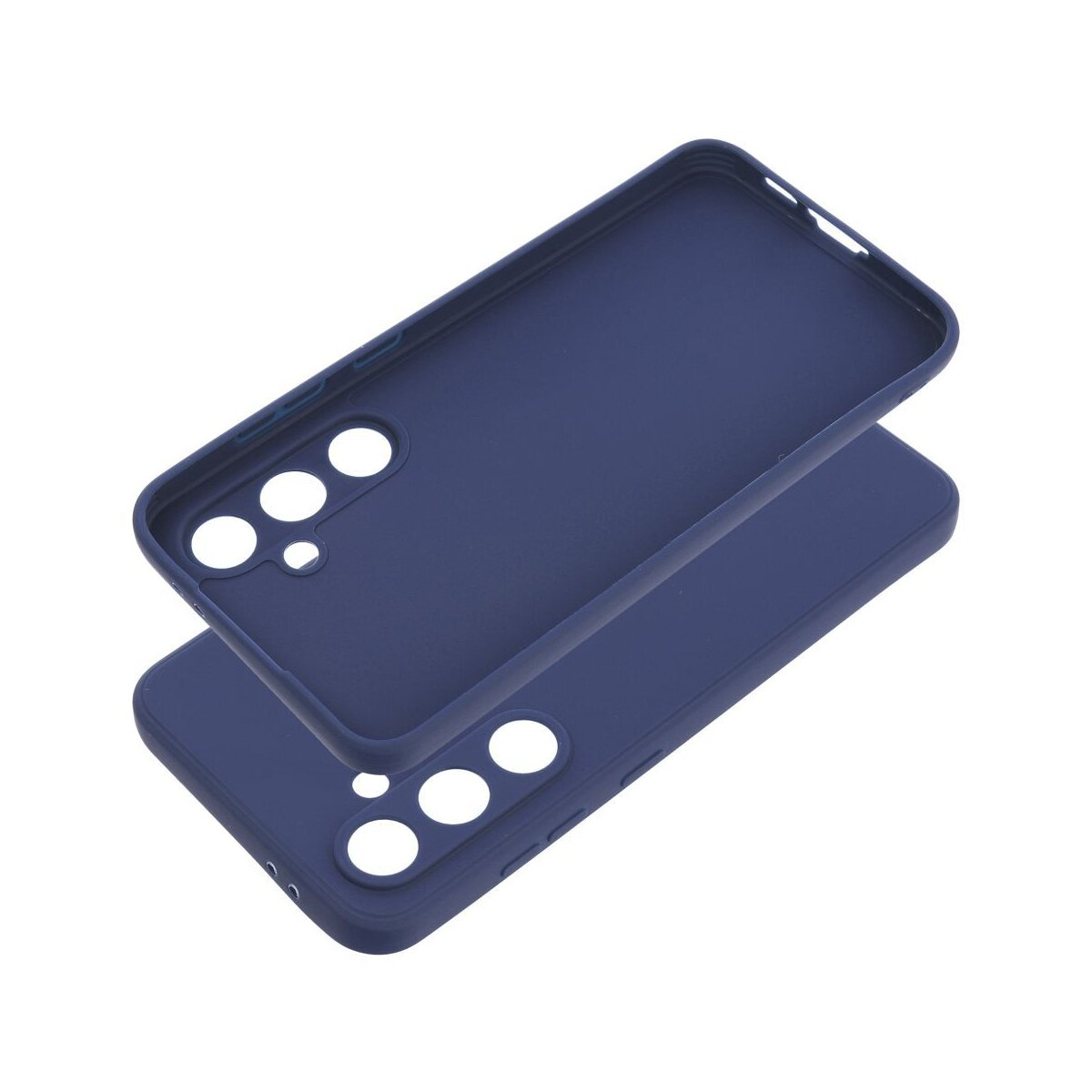 Eine blaue Handyhülle. Die Hülle besteht aus blauem Material und befindet sich auf weißem Hintergrund.