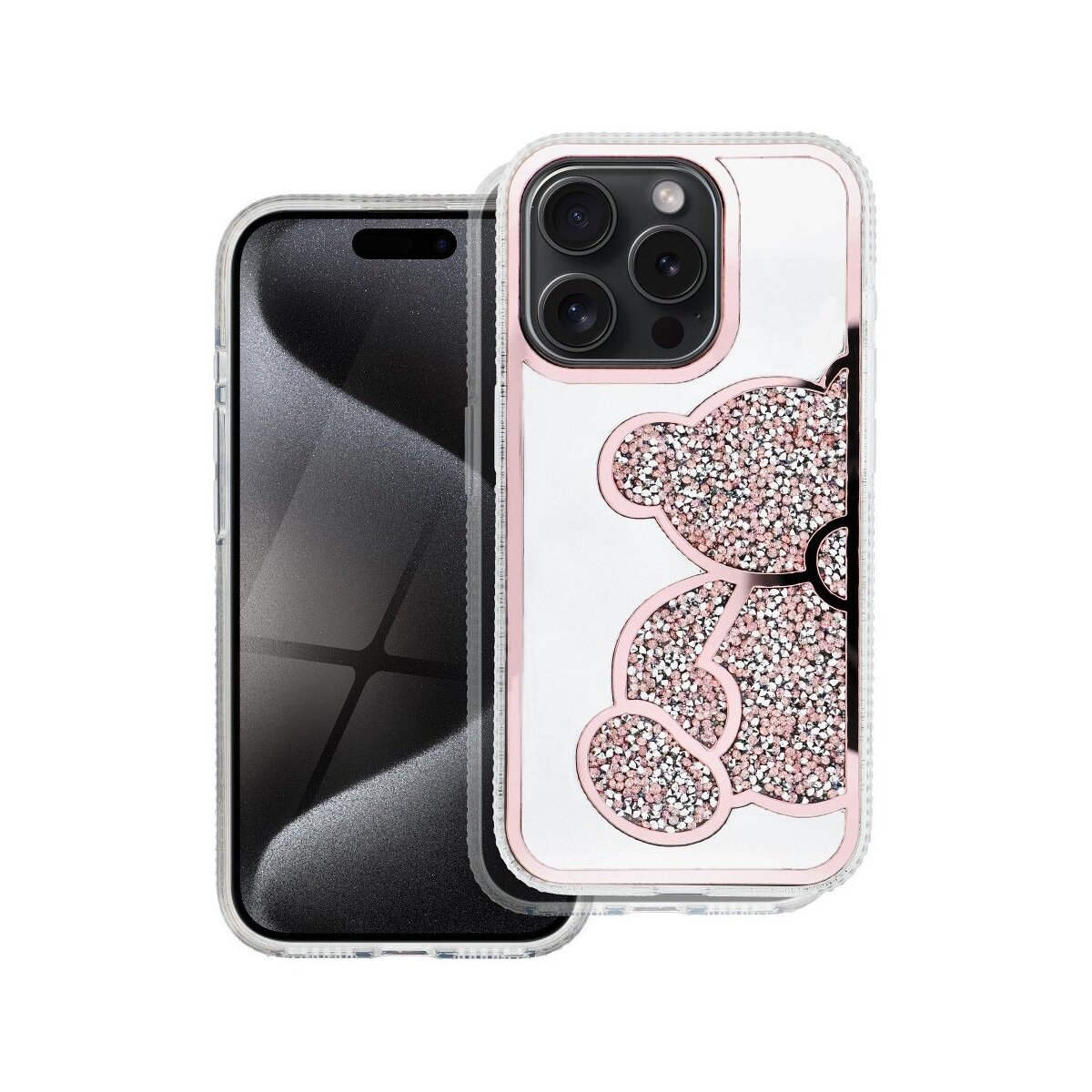 Custodia per telefono con design orso rosa, accanto a un telefono.