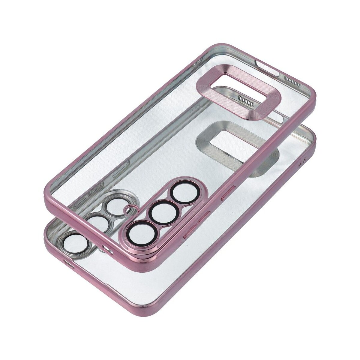 Due custodie trasparenti per telefono con bordi rosa sono impilate, angolate in alto a destra, su sfondo bianco.