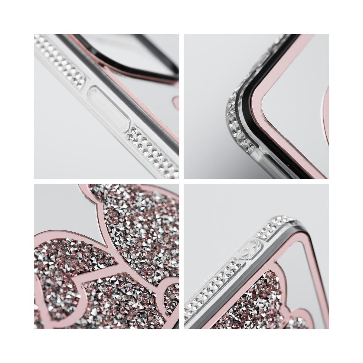 Primo piano di una custodia per telefono con un design scintillante. Ha strass attorno ai bordi e a forma di cuore.
