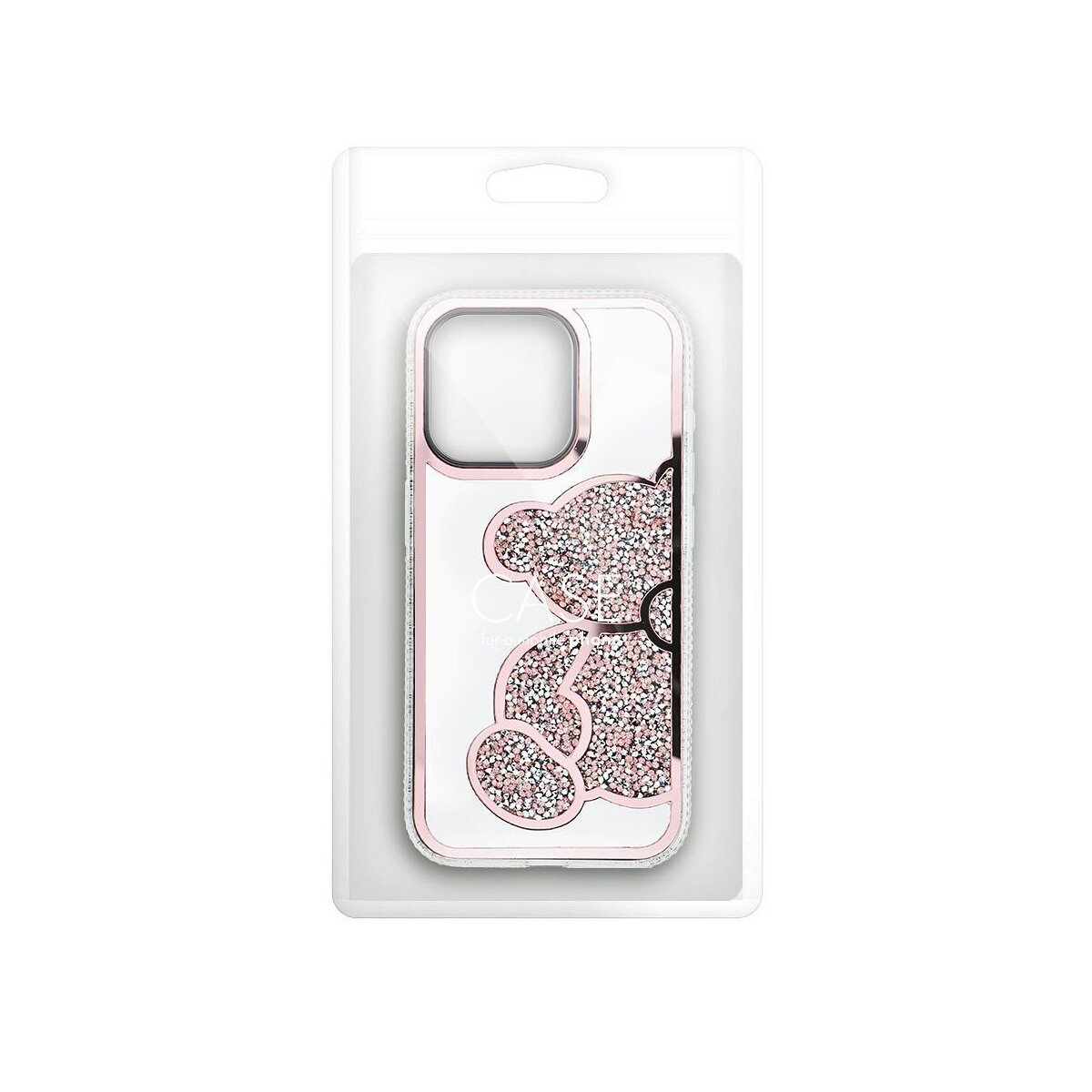 Una custodia trasparente per iPhone con strass. Un design a orsetto, scintillante e rosa.