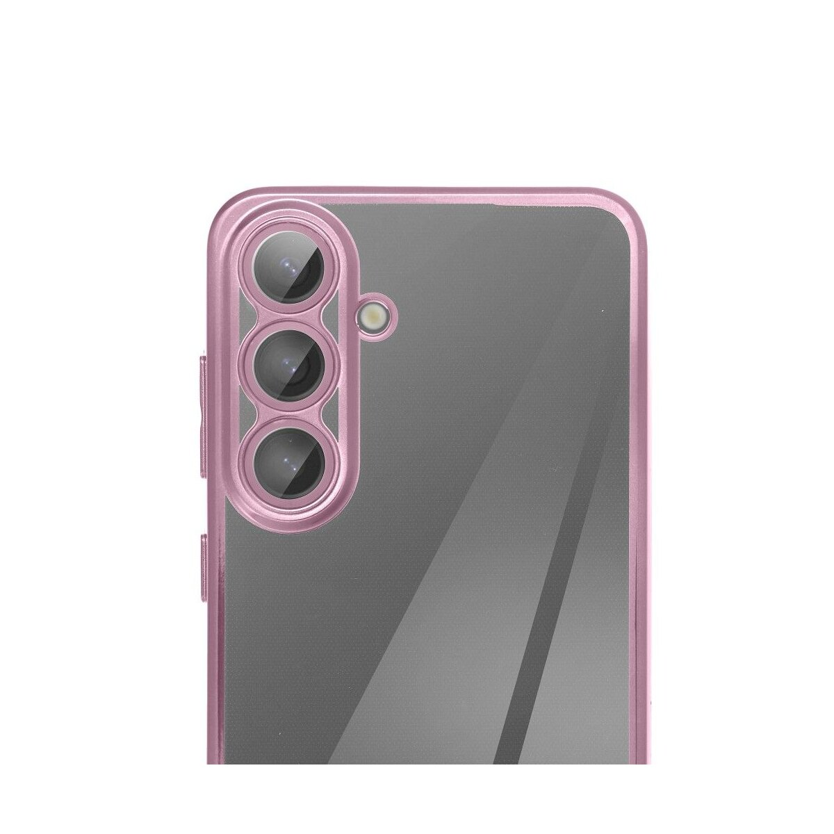 Primo piano di una custodia per telefono con lenti e bordo rosa su sfondo bianco.