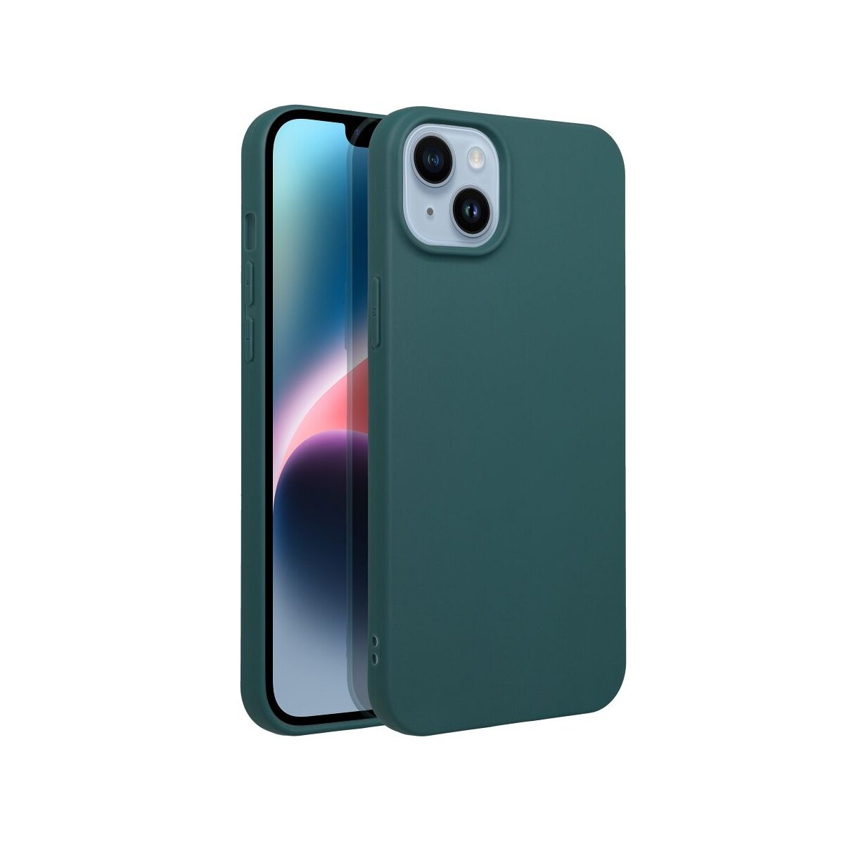 Custodia verde con un telefono. Il telefono ha un modulo fotocamera con due obiettivi.