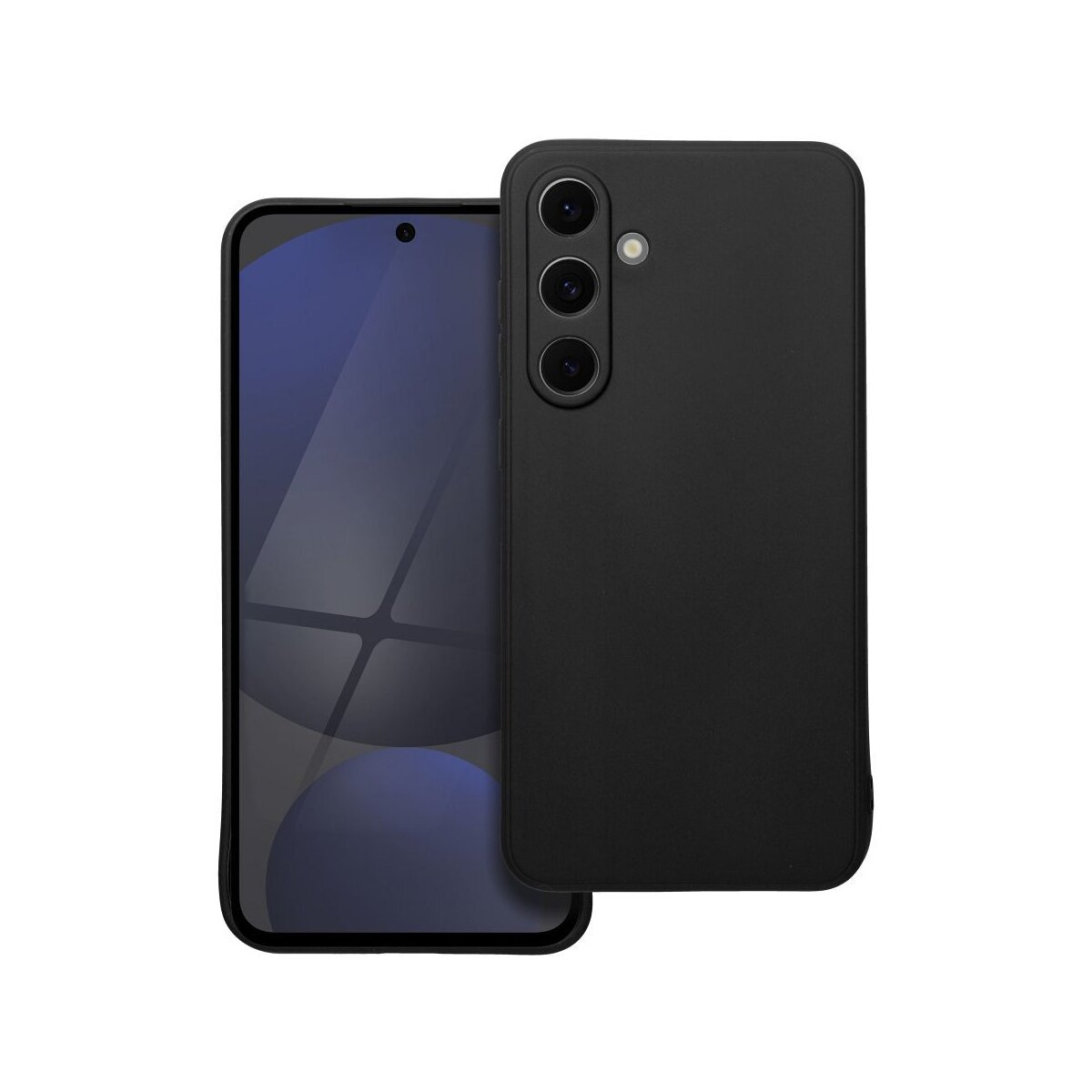 Un telefono nero e una custodia nera. Il telefono ha tre fotocamere.
