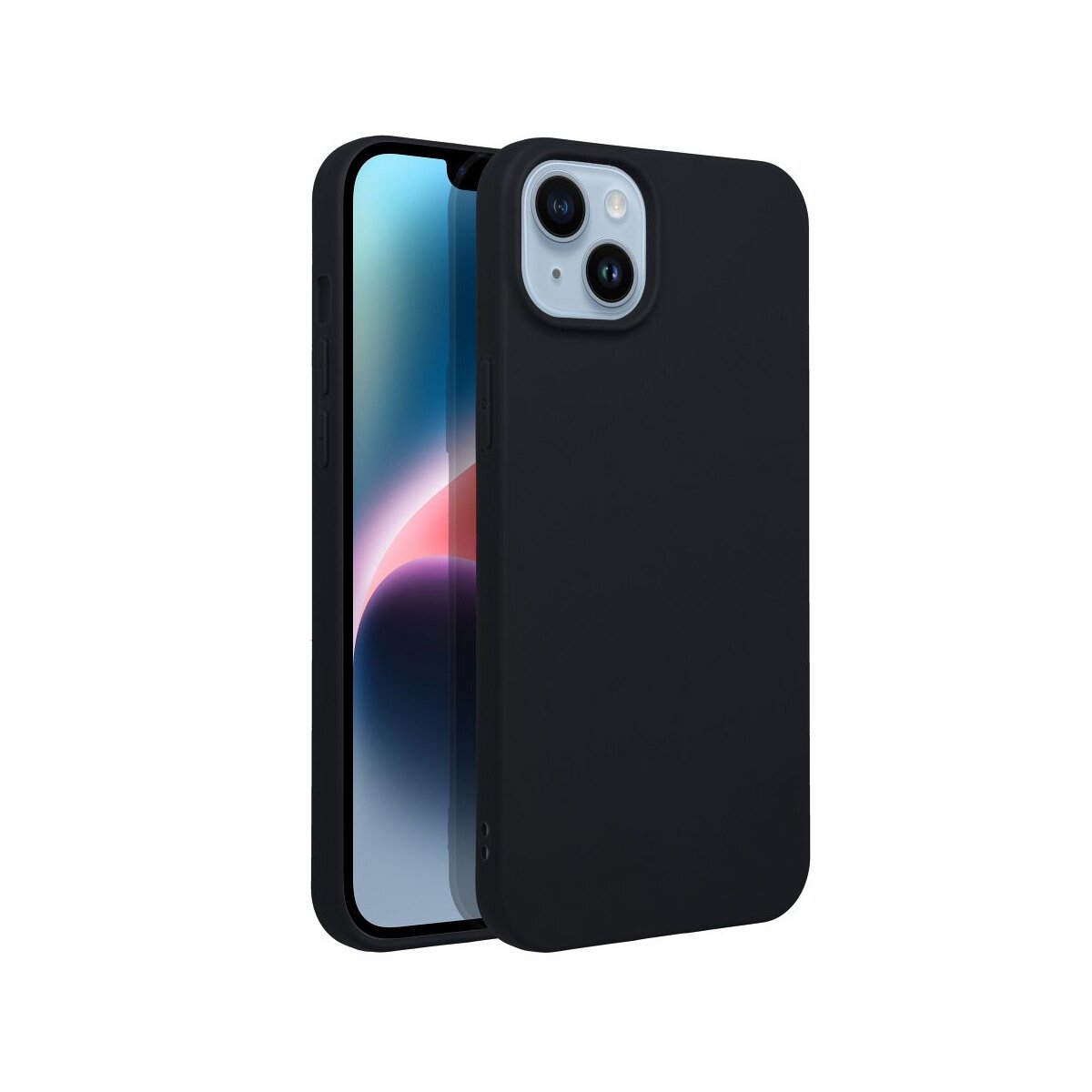 Zwarte telefoonhoes met telefoon. De telefoon staat links en toont zijn scherm.