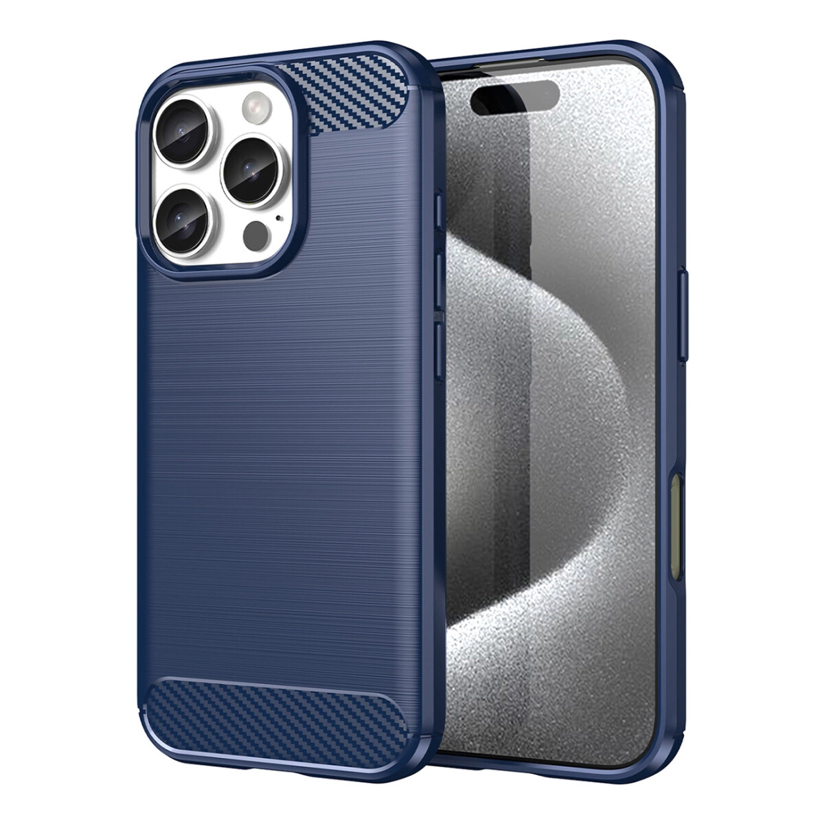 Una custodia per telefono blu navy con accenti in fibra di carbonio, che mostra un telefono.