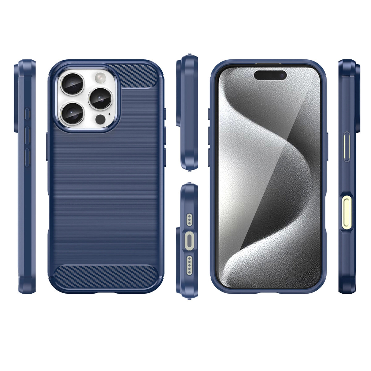 Custodia blu per telefono con più angolazioni, che mostra fotocamera, pulsanti e schermo.