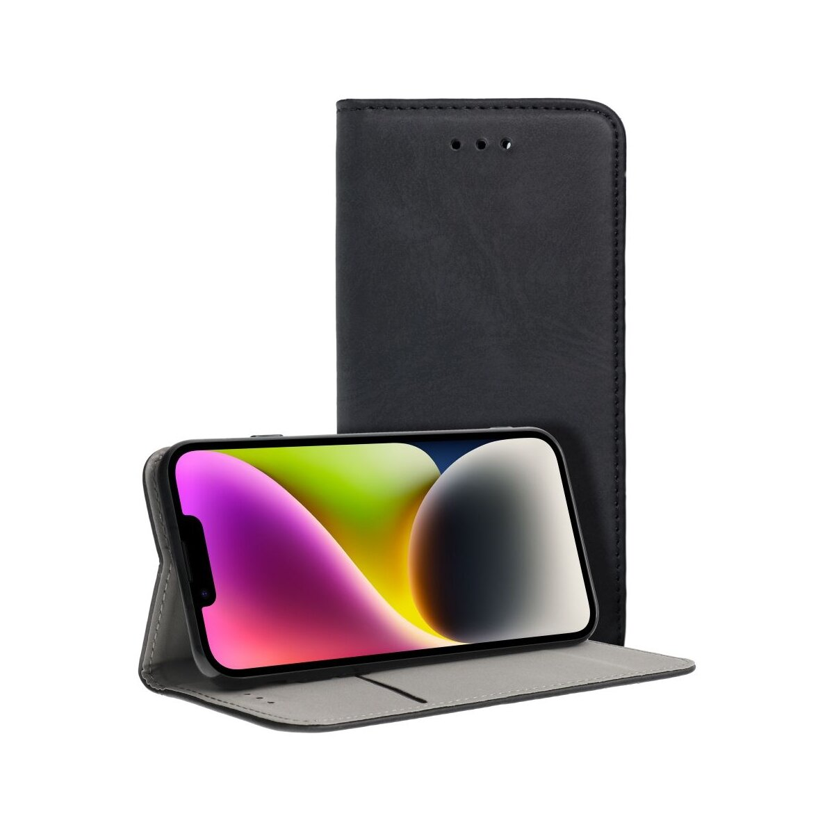 Custodia per telefono nera con un telefono. Il telefono mostra uno schermo colorato.