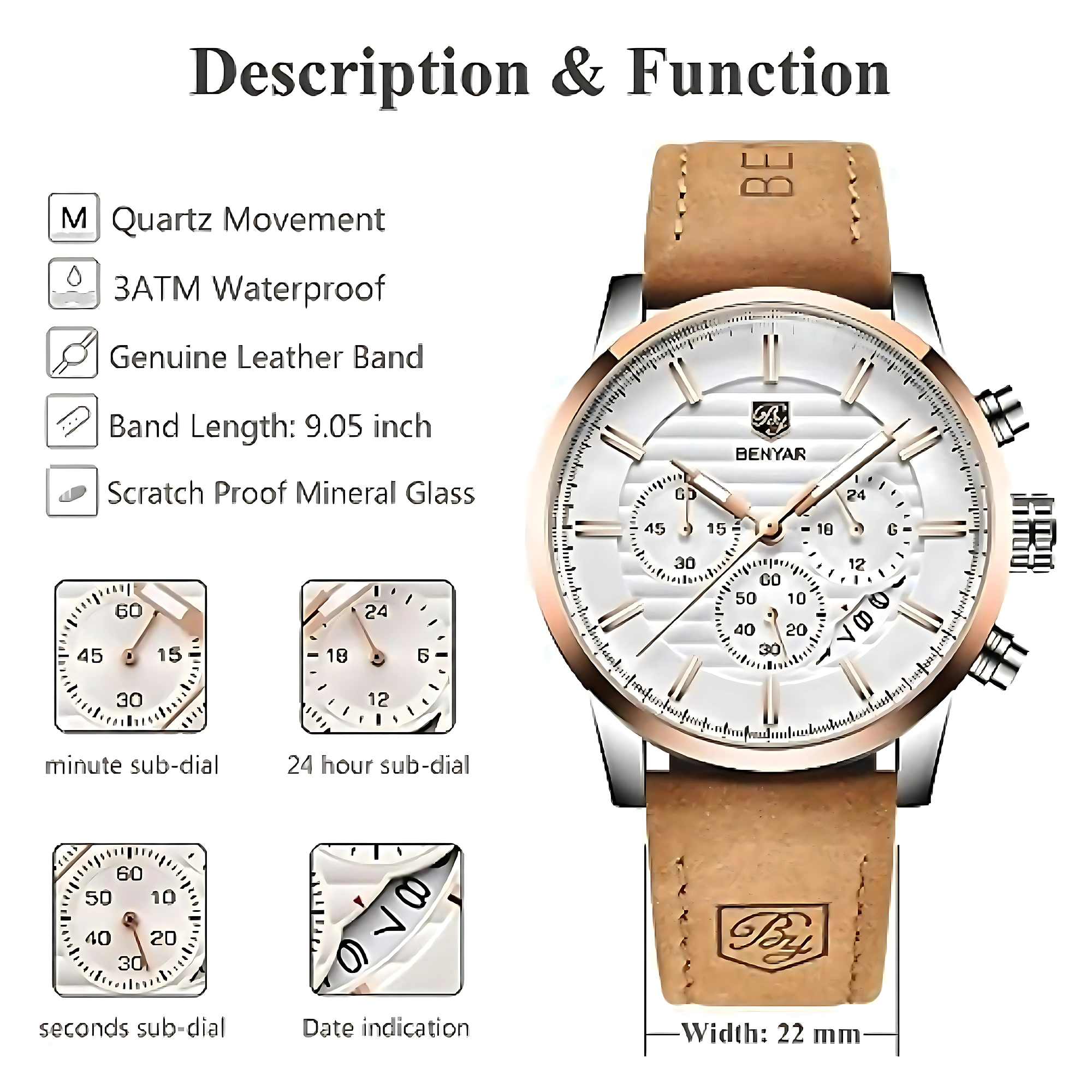 Eine weiße Uhr mit braunem Lederarmband, mit zusätzlichen Infos. Minuten-, 24-Stunden- und Sekunden-Zifferblätter.