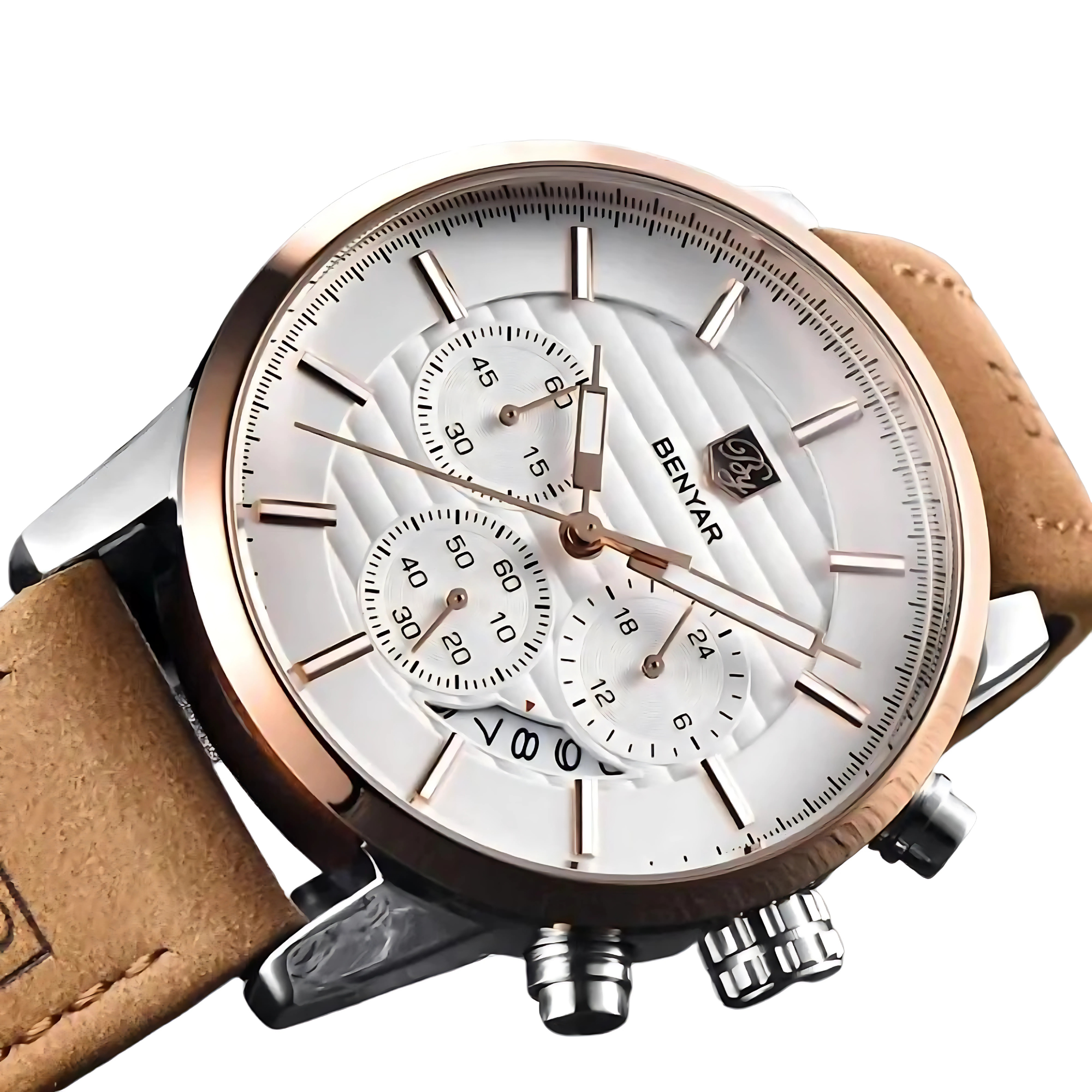 Nahaufnahme einer Benyar-Uhr mit weißem Zifferblatt, goldenem Rand und braunem Lederarmband.