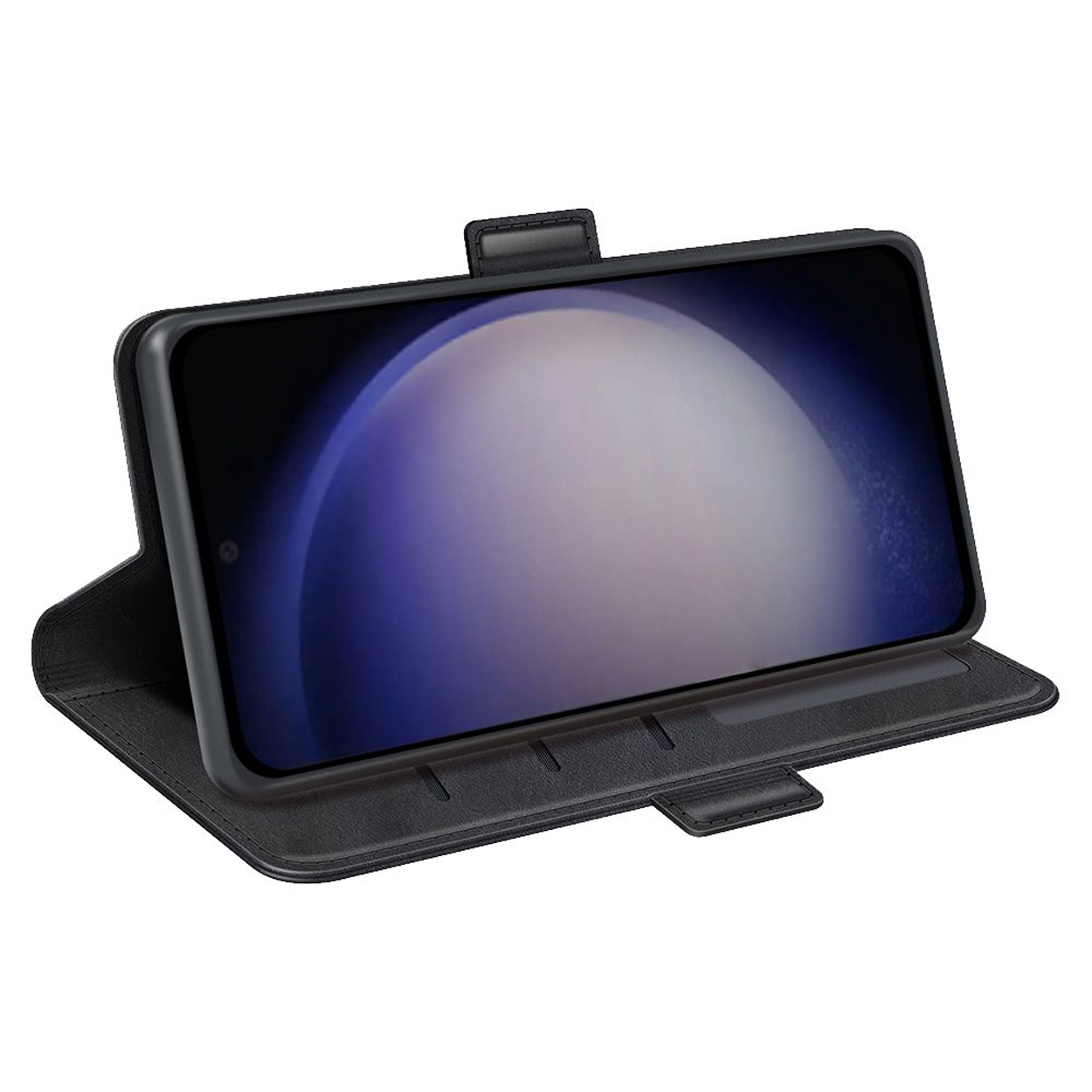 Ein schwarzes Telefon in einer schwarzen Folio-Hülle, geöffnet, um den Bildschirm vor weißem Hintergrund anzuzeigen.