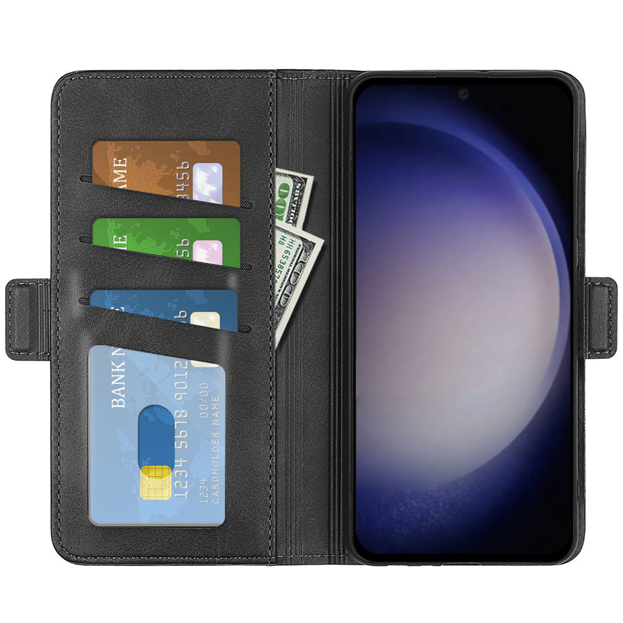 Schwarze Telefon-Geldbörse mit Karten und Geld.