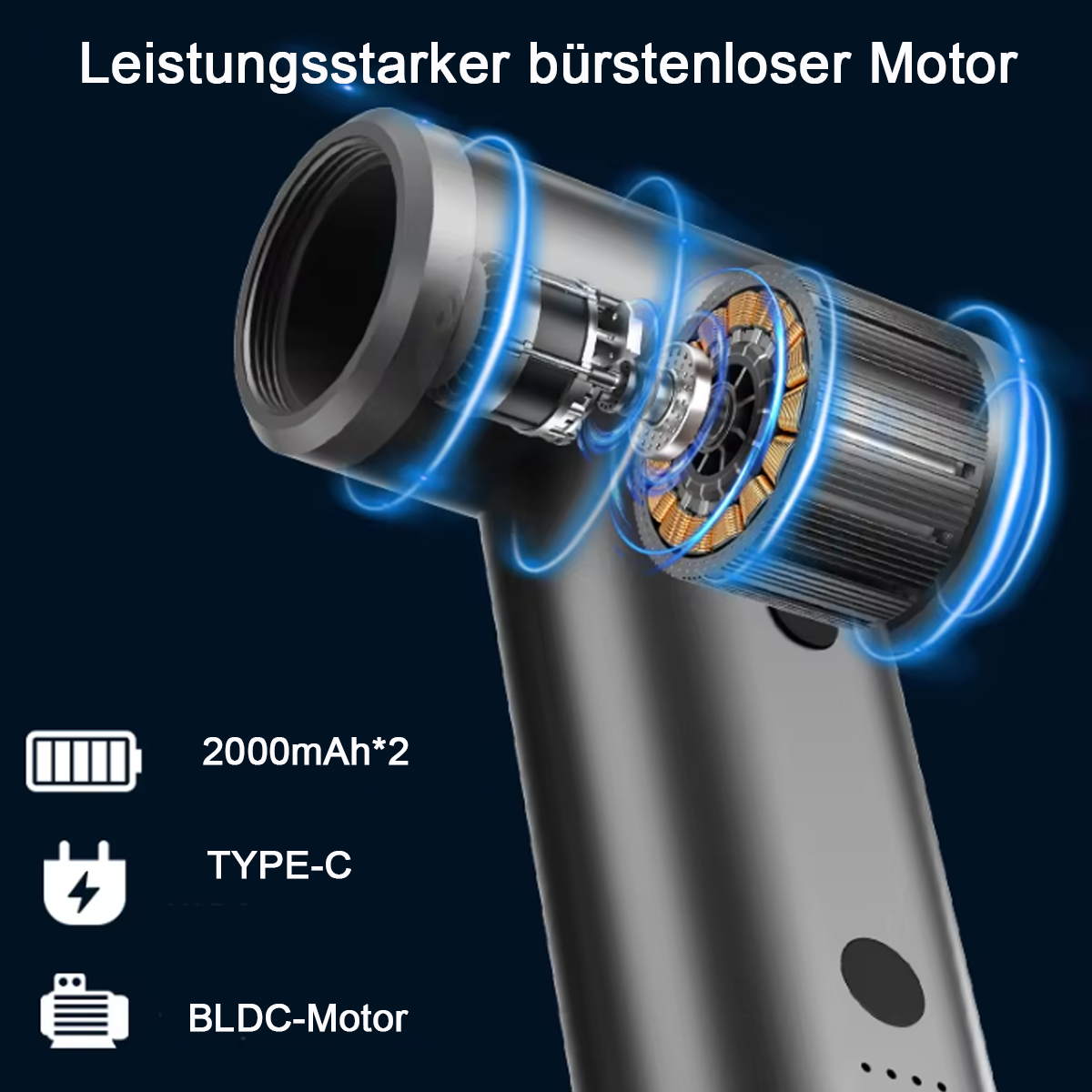 Ein schwarzer und silberner Motor mit Text, 2000mAh*2, TYPE-C, BLDC-Motor. Der Motor hat blaue Lichteffekte.
