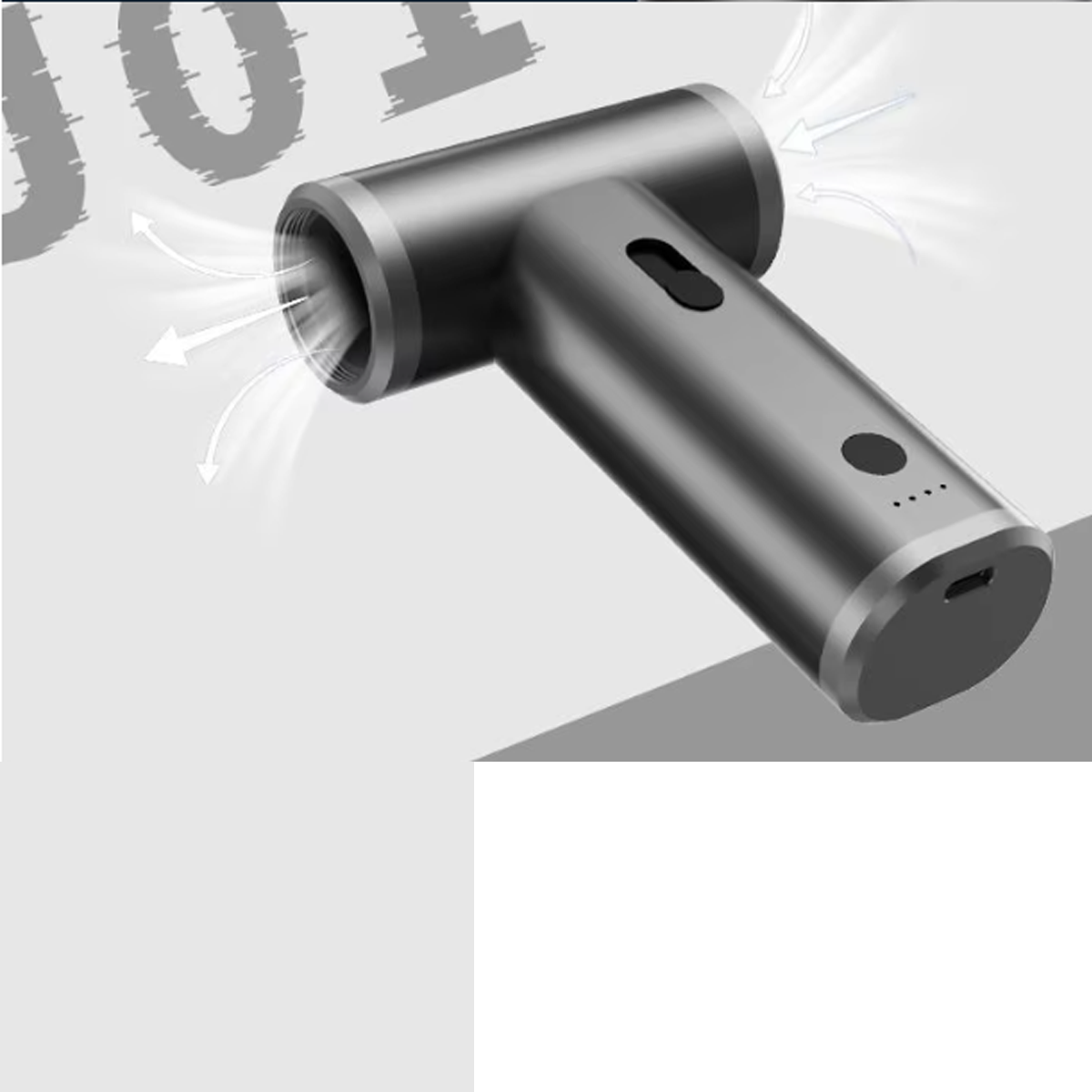 Handliches, graues Gerät. Es hat eine Düse und einen Griff. Es hat Knöpfe und einen USB-Anschluss.