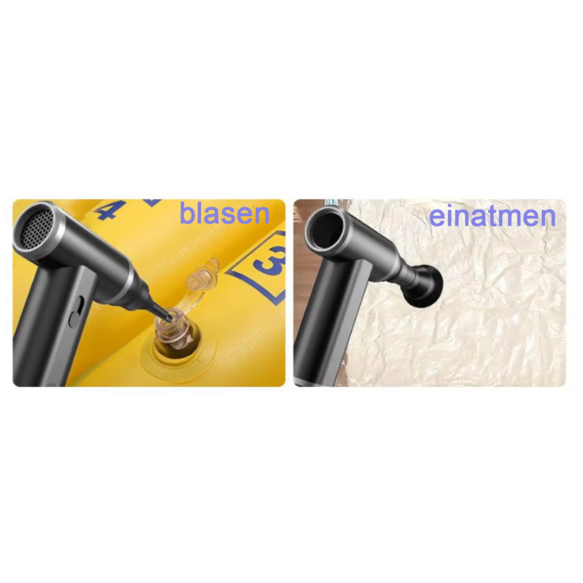 Zwei Bilder einer Pumpe mit einem aufblasbaren Produkt. Einmal blasen, einmal einatmen.
