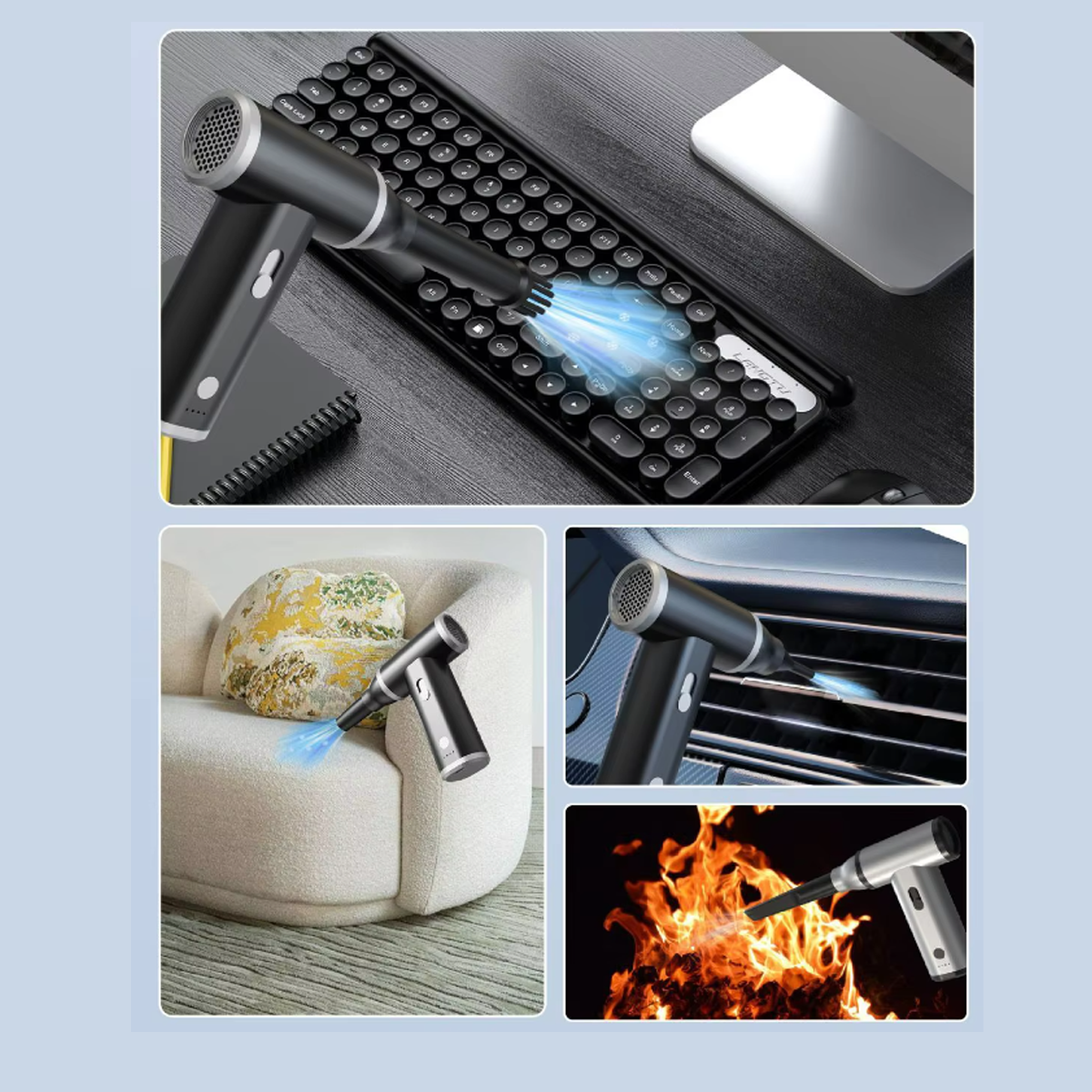 Ein Gerät zum Reinigen und Verbrennen. Im Bild sind eine Tastatur, ein Sofa, eine Autolüftung und Feuer.