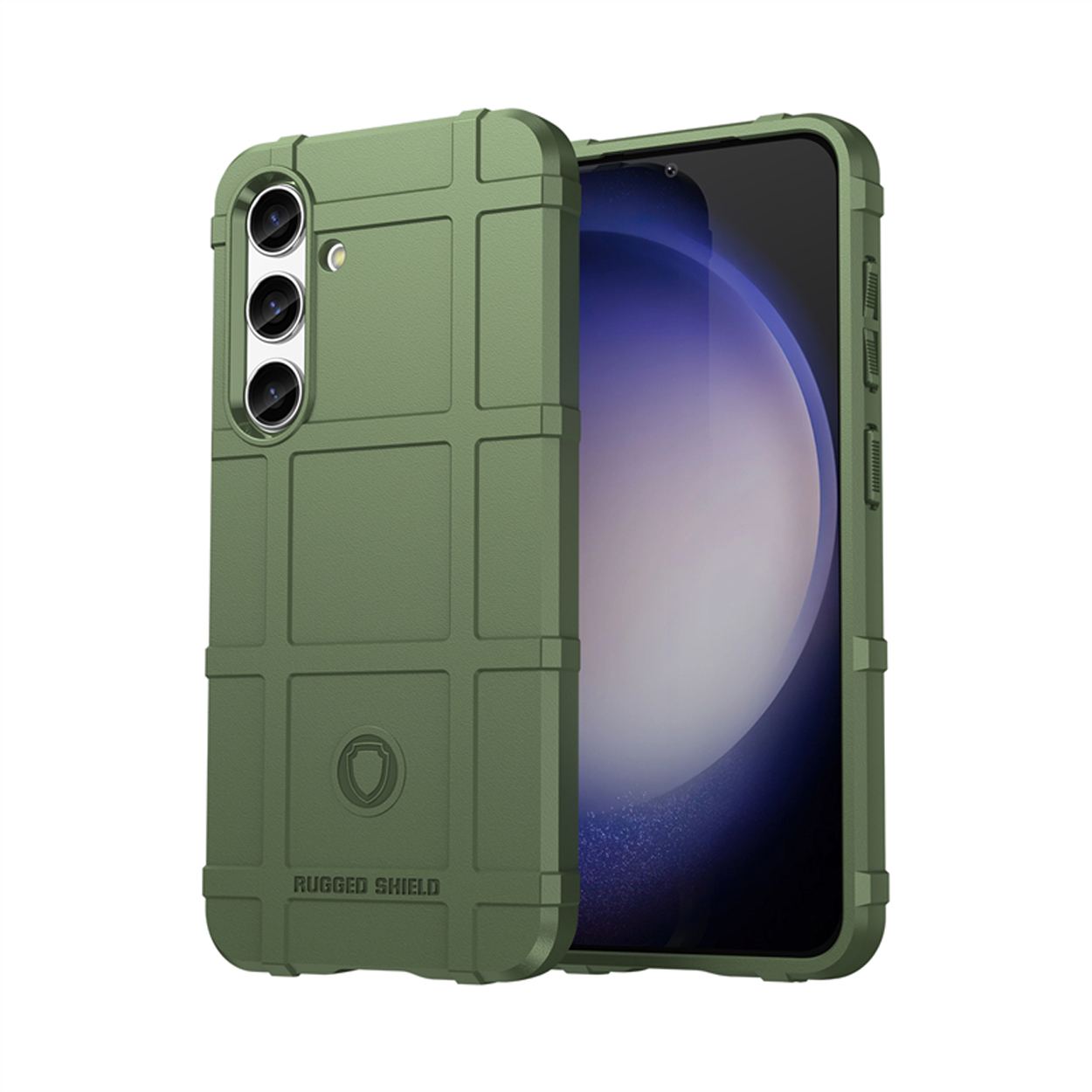 Een groene telefoonhoes met een telefoon erin. De hoes heeft een gestructureerd ontwerp.