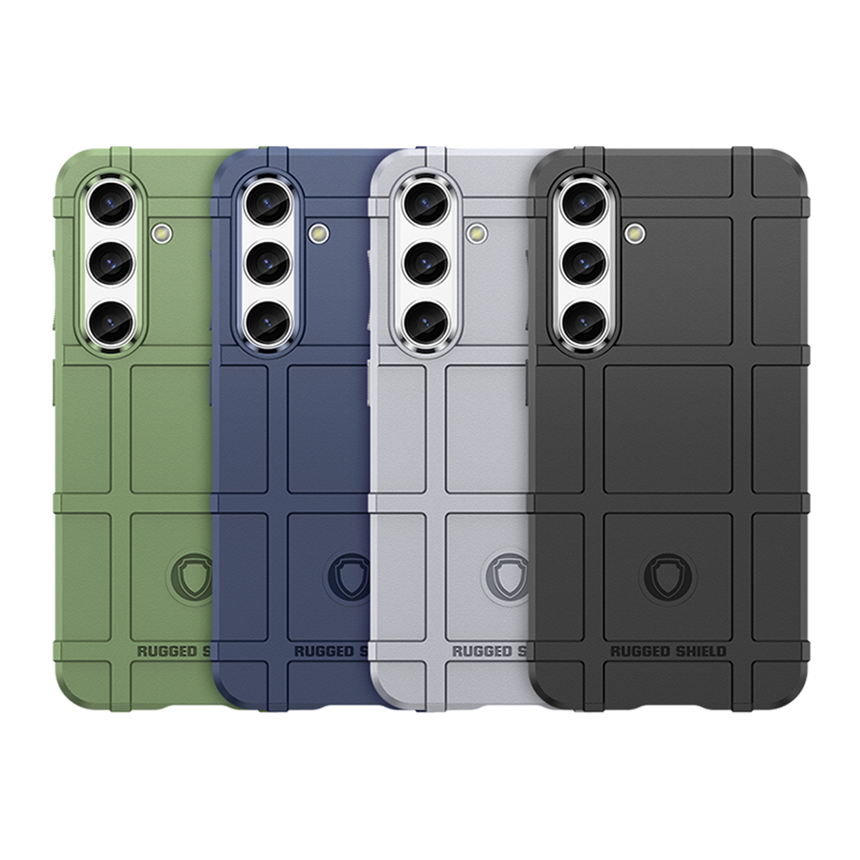 Vier telefoonhoesjes in groen, blauw, grijs en zwart, met een rasterontwerp en uitsparingen voor de camera.