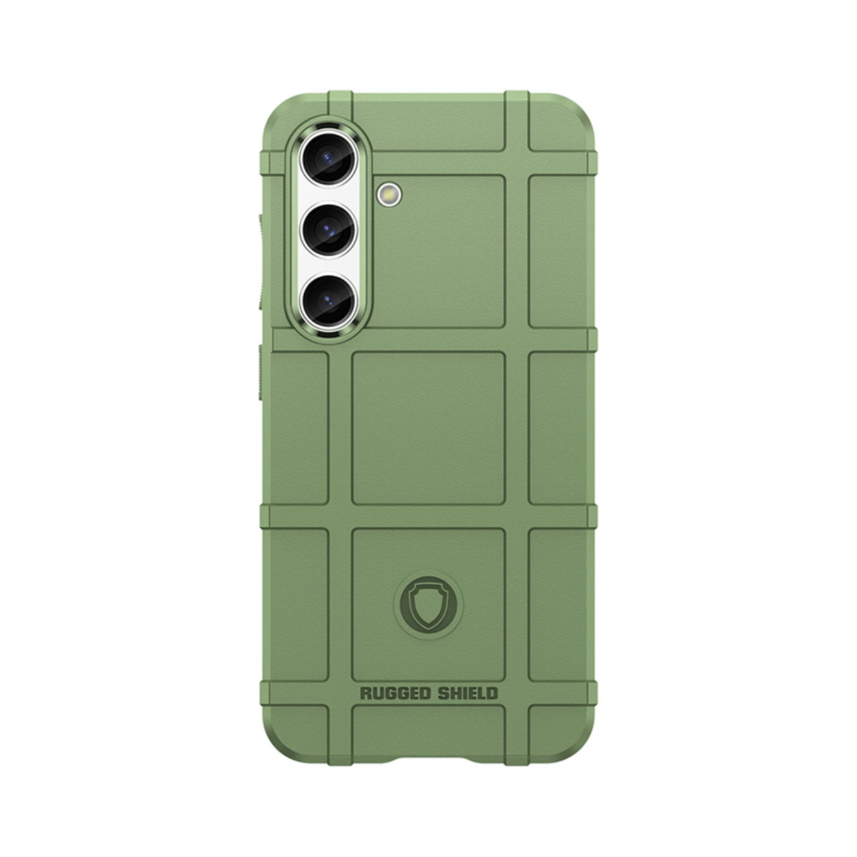 Groene robuuste telefoonhoes met drie cameragaten. De hoes heeft een rasterpatroon.