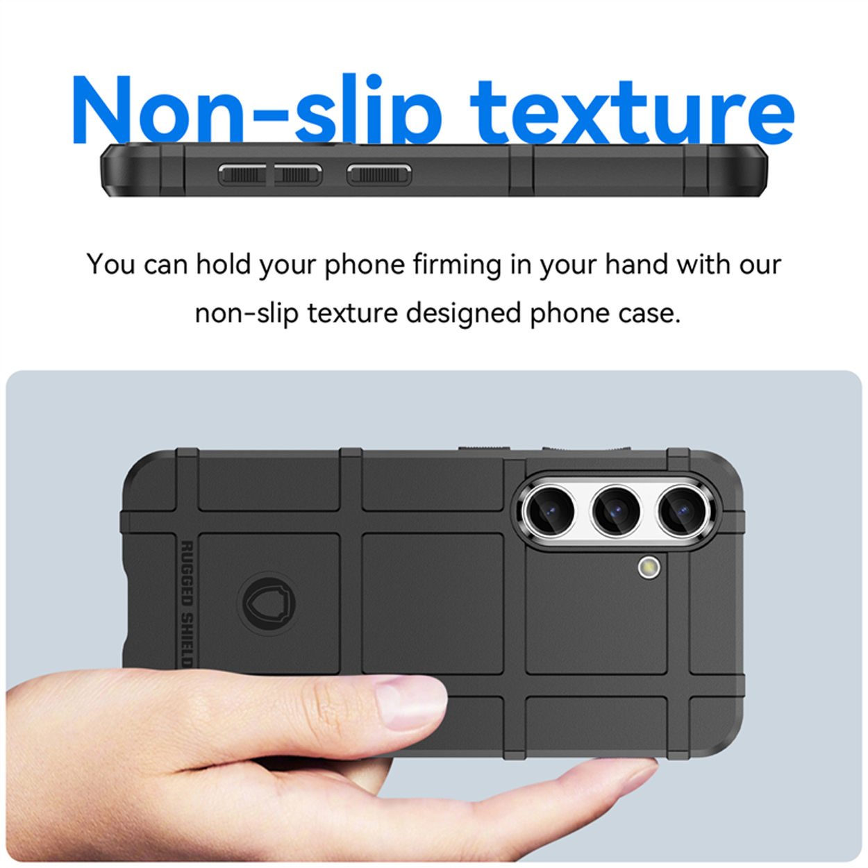 Zwarte telefoonhoes met rasterpatroon, in de hand gehouden. Tekst: 'Antislip textuur'.