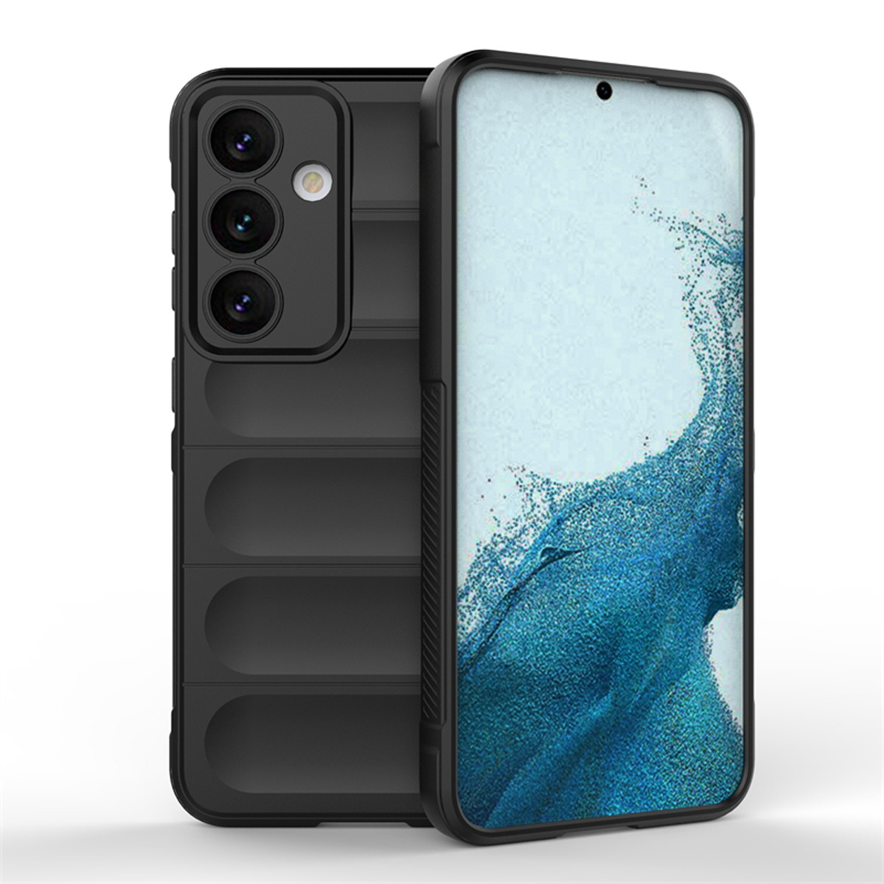 Zwarte telefoonhoes met getextureerde achterkant en camera-uitsparingen.