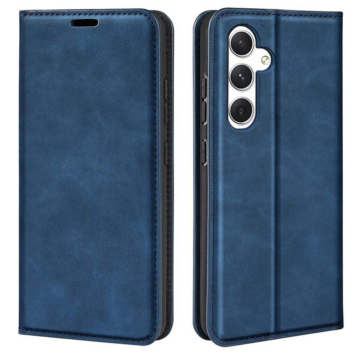 Blauwe telefoonhoes, gesloten en open, met de achterkant van de telefoon.