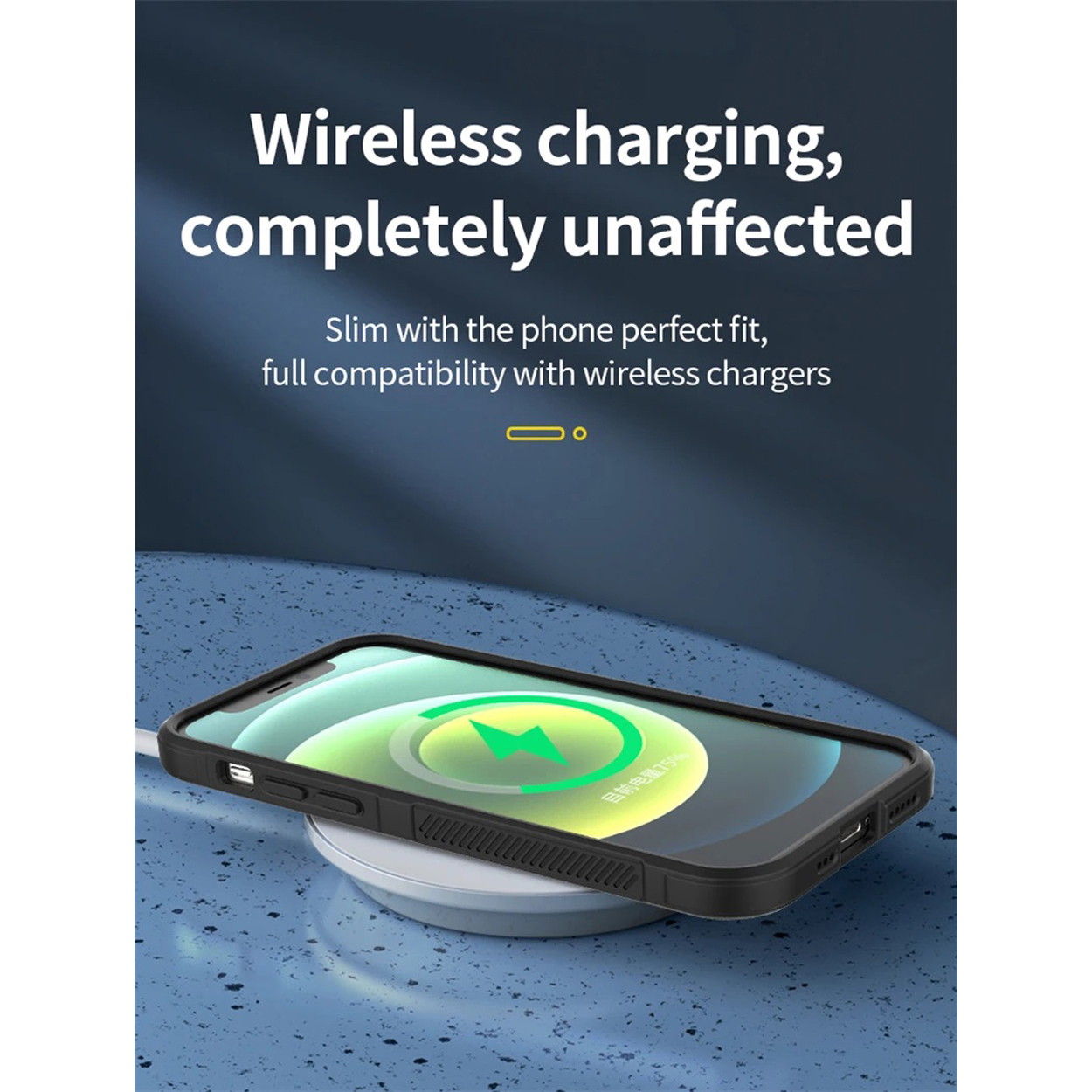 Een telefoon in een zwarte hoes wordt draadloos opgeladen. Bovenstaande tekst luidt: Draadloos opladen, volledig onaangetast.