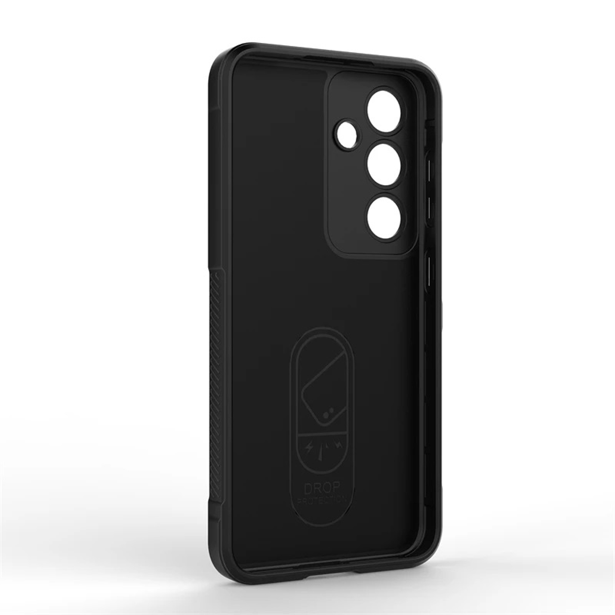 Zwart telefoonhoesje met uitsparingen voor de camera en een valbeschermingslogo.