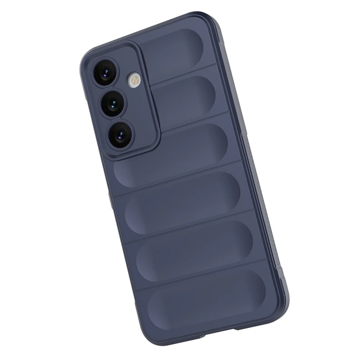 Blauwe telefoonhoes met een uniek ontwerp met verticale groeven. Het heeft drie camera-uitsparingen.