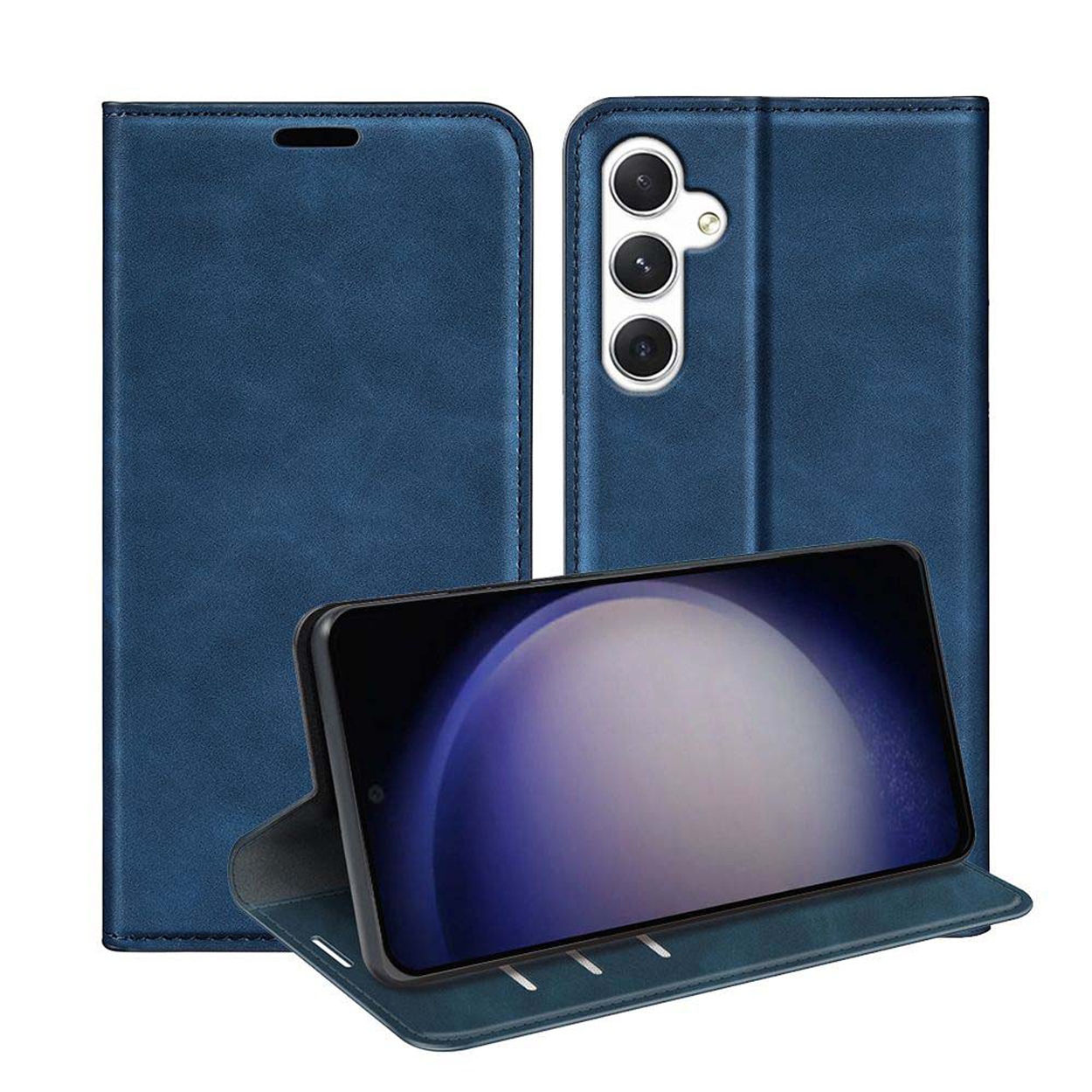 Blauwe telefoonhoes met telefoon erin. Telefoon heeft drie camera's.