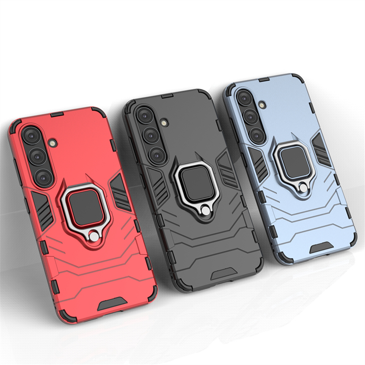 Drie telefoonhoesjes, rood, grijs en blauw, met een ringhouder.