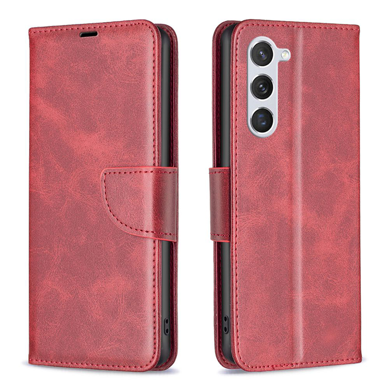 Rode leren telefoonhoes, open om de telefoon te laten zien. Voorzien van kaartsleuven en een magnetische sluiting.