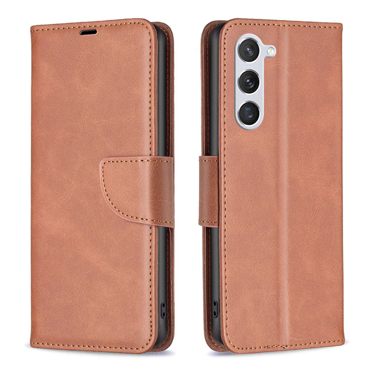 Bruine leren telefoonhoes, open met telefoon. Sluit met een magnetische klep.