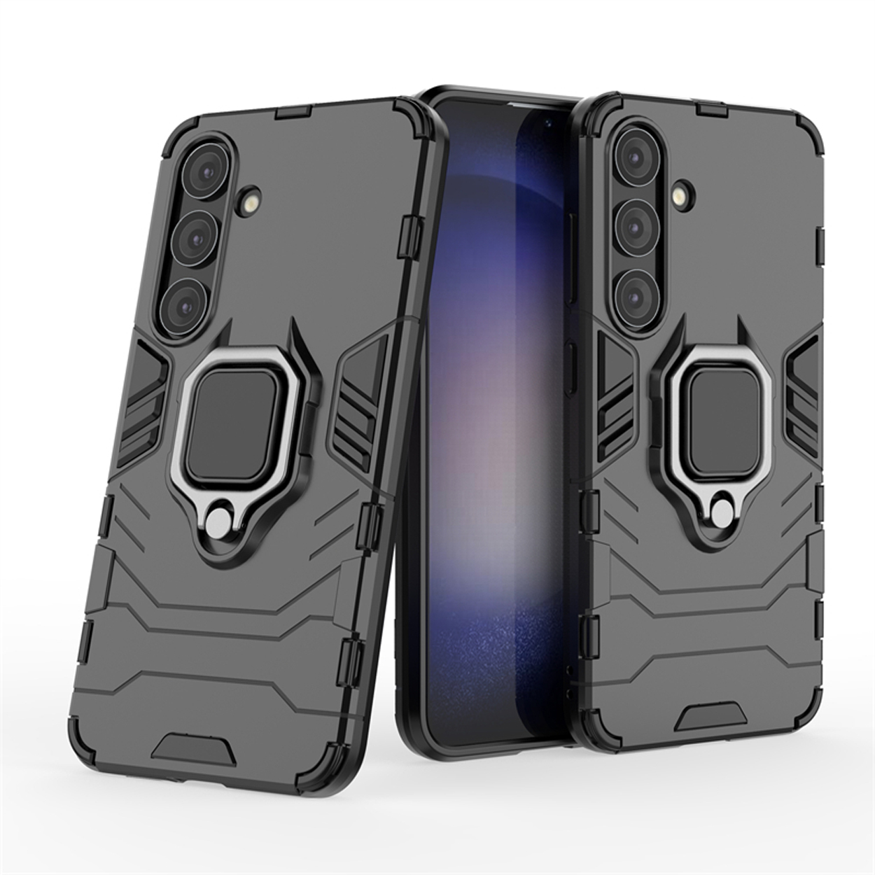 Grijze telefoonhoes met ring en drie camera's op donkere ondergrond.