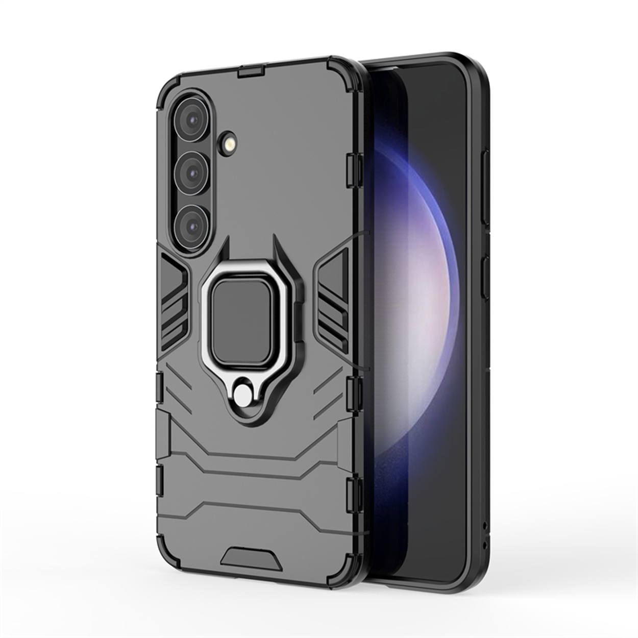 Grijze telefoonhoes met een ringhouder. Telefoon zit erin. De hoes heeft een robuust ontwerp.