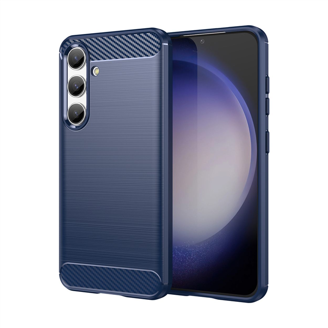 Coque de téléphone bleue avec un téléphone à l'intérieur. La coque a un design texturé.