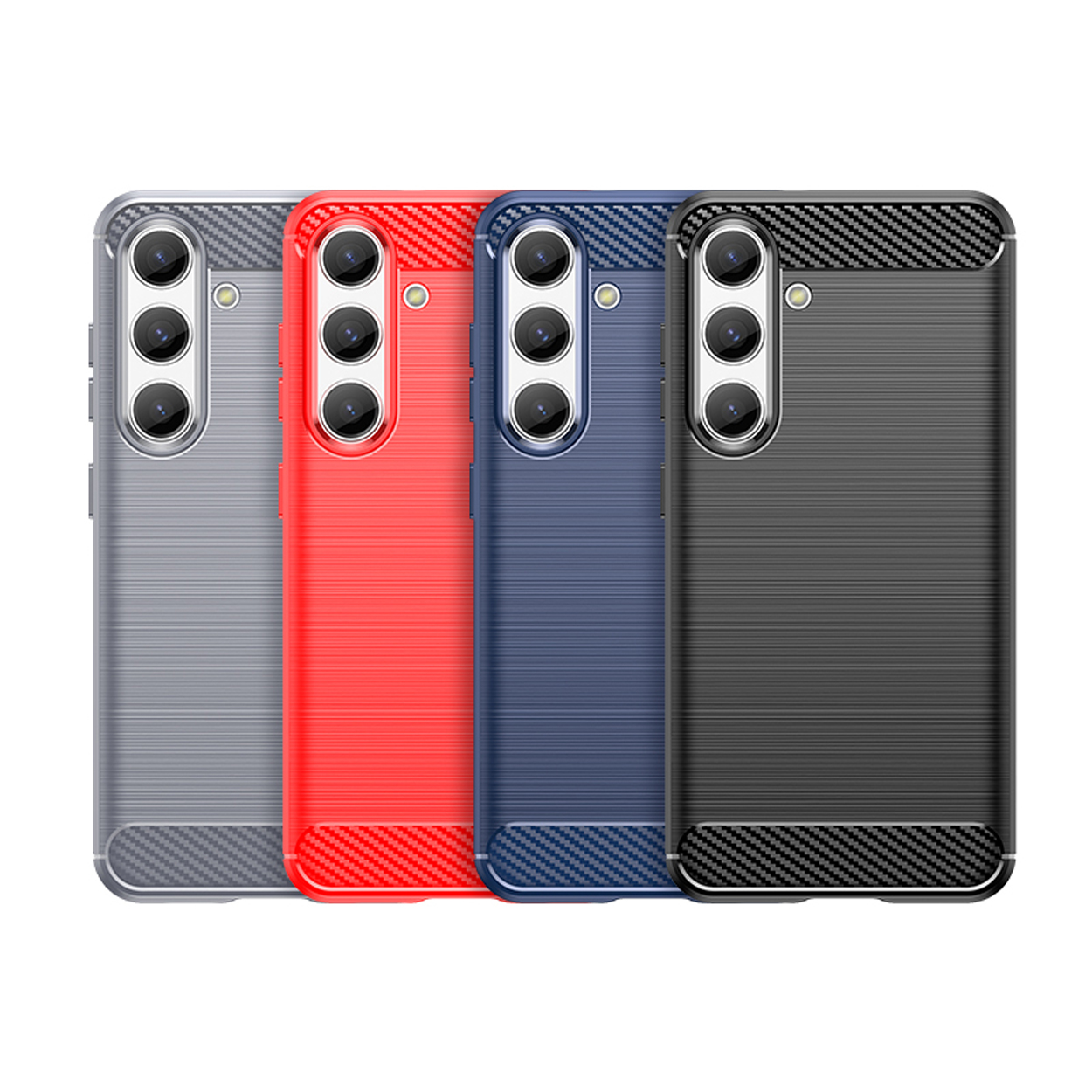 Quatre étuis de téléphone gris, rouge, bleu et noir. Chacun a une découpe triple caméra et des accents en fibre de carbone.