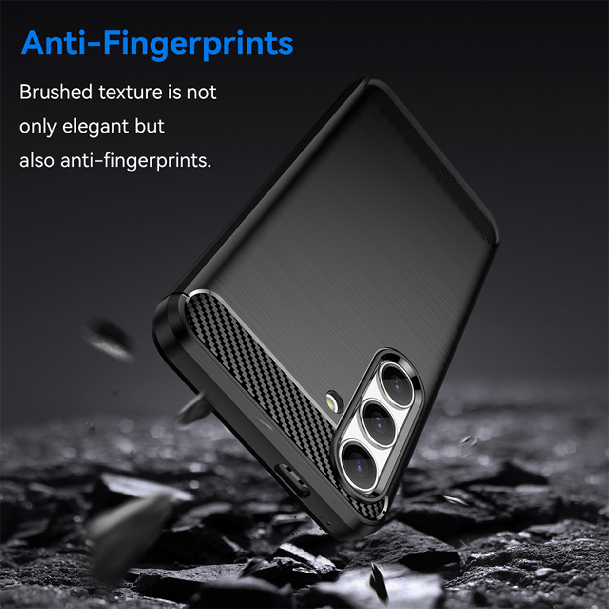 Coque de téléphone noire avec texture brossée, avec débris tombants. Texte anti-traces.