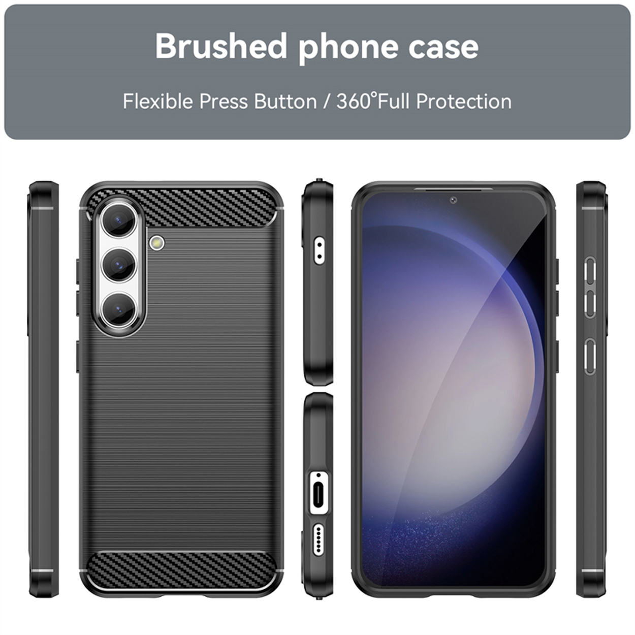 Coque de téléphone noire avec dos texturé, vue sous plusieurs angles.