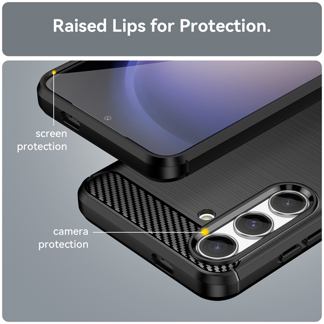Coque de téléphone avec bords surélevés pour la protection de l'appareil photo et de l'écran. Noire, texturée.