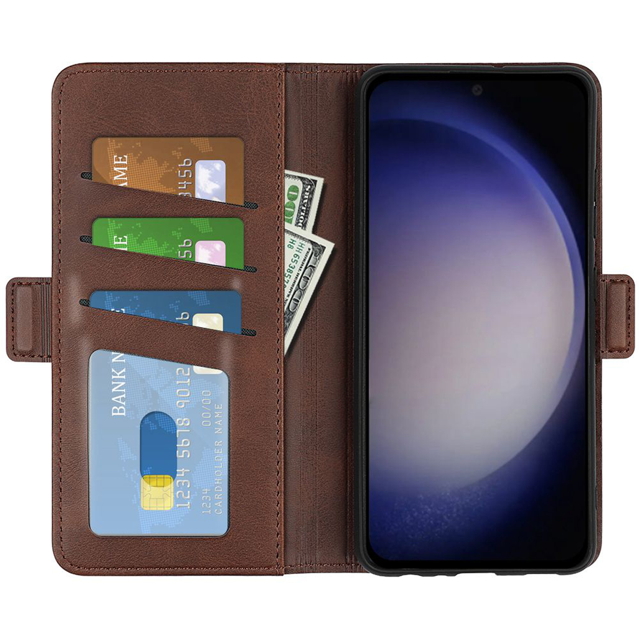 Geöffnete braune Leder-Handyhülle, die Karten und Bargeld hält. Bildschirm sichtbar.