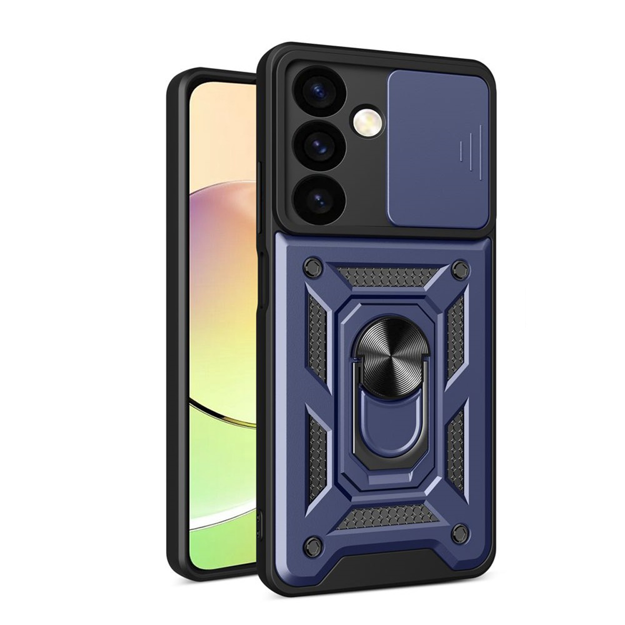 Une coque de téléphone noire avec un téléphone et un cache caméra. Le téléphone est noir.