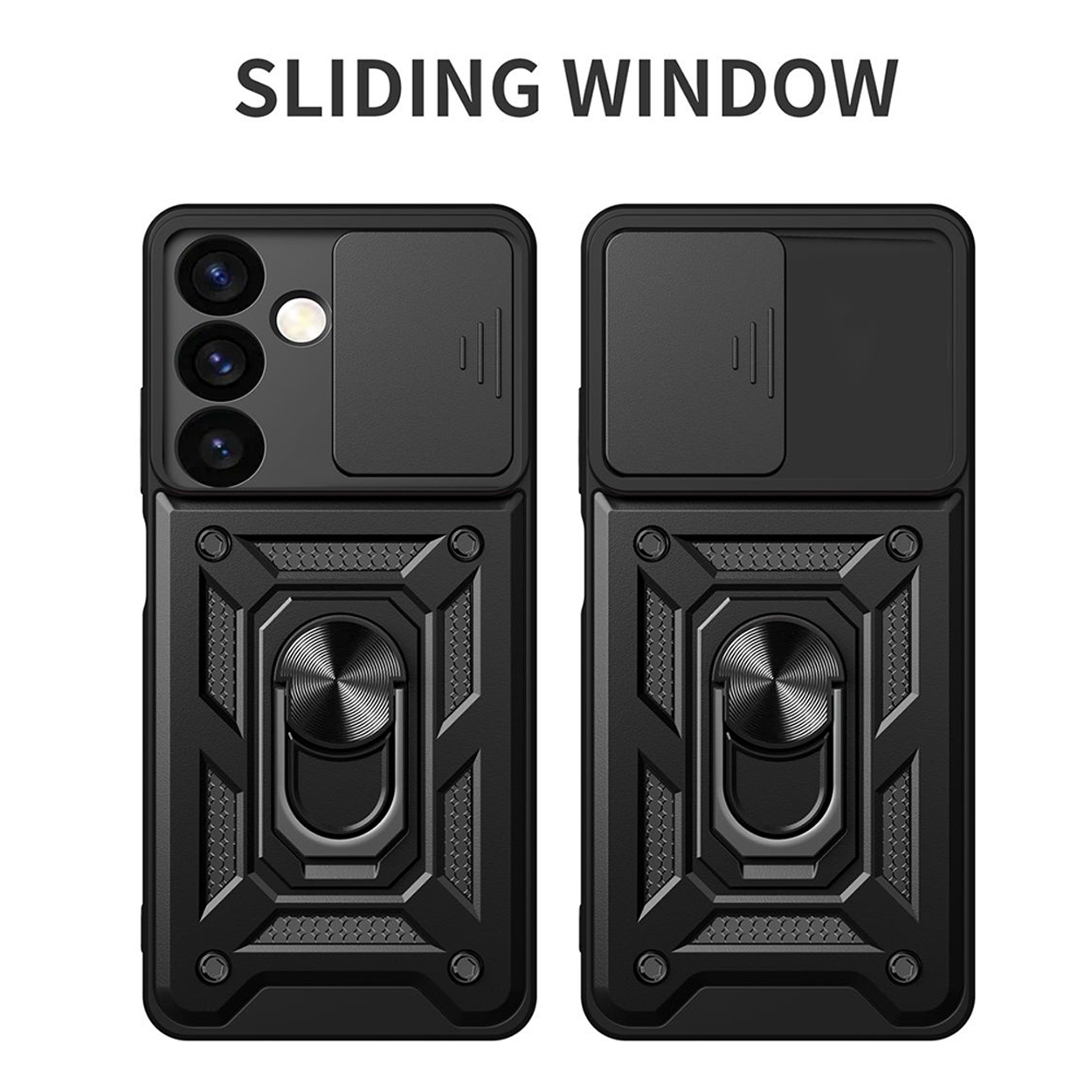 Zwart telefoonhoesje met een schuifraam voor de camera, met ringhouder.