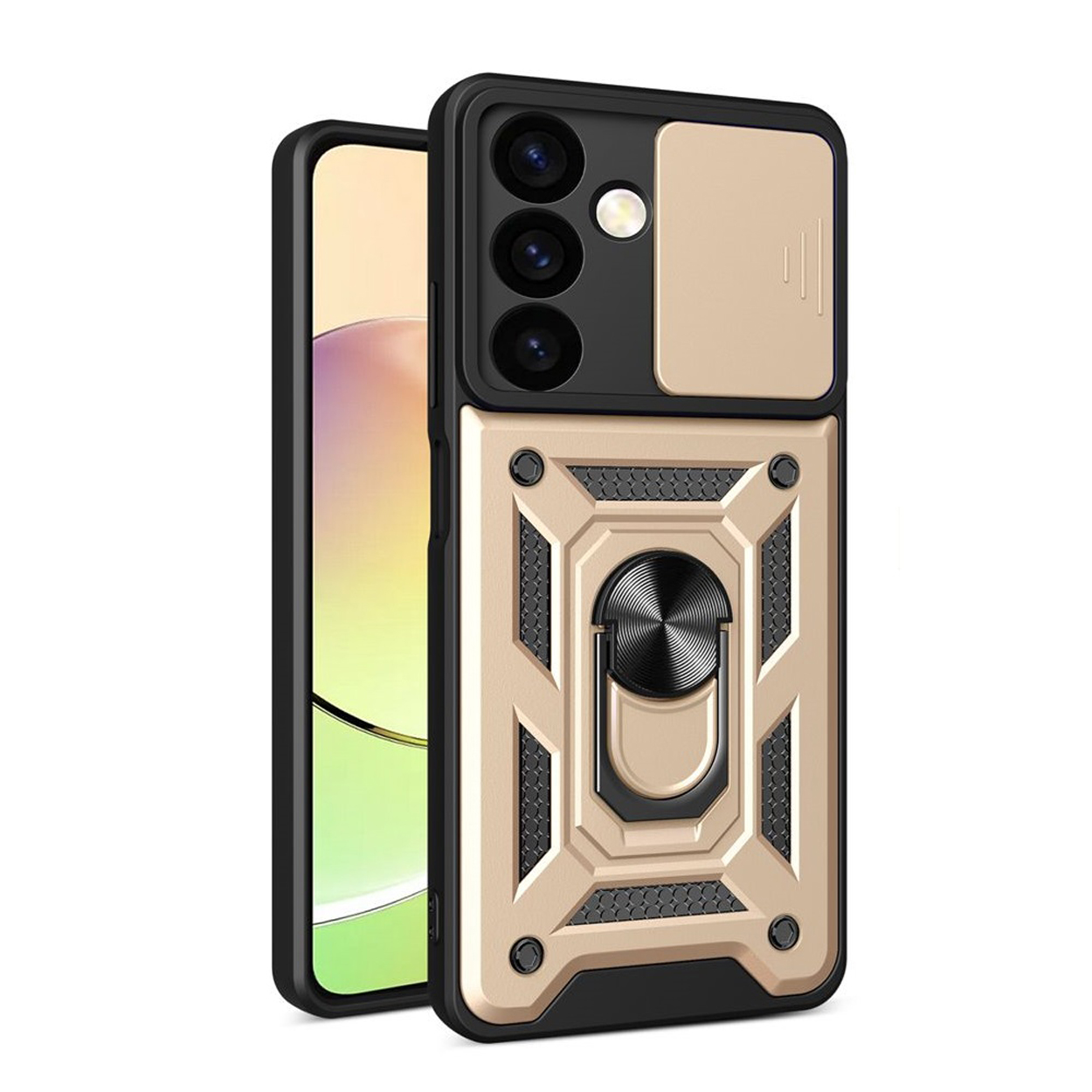 Gouden en zwarte telefoonhoes, met een ringhouder en camerahoes.