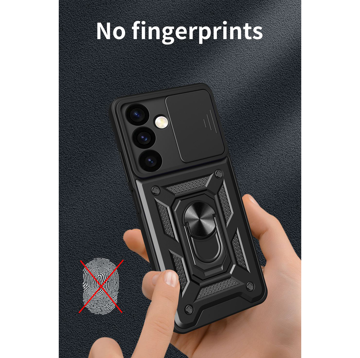 Een hand die een telefoon vasthoudt in een zwarte hoes met een ringhouder en een schuifbare camerabescherming.