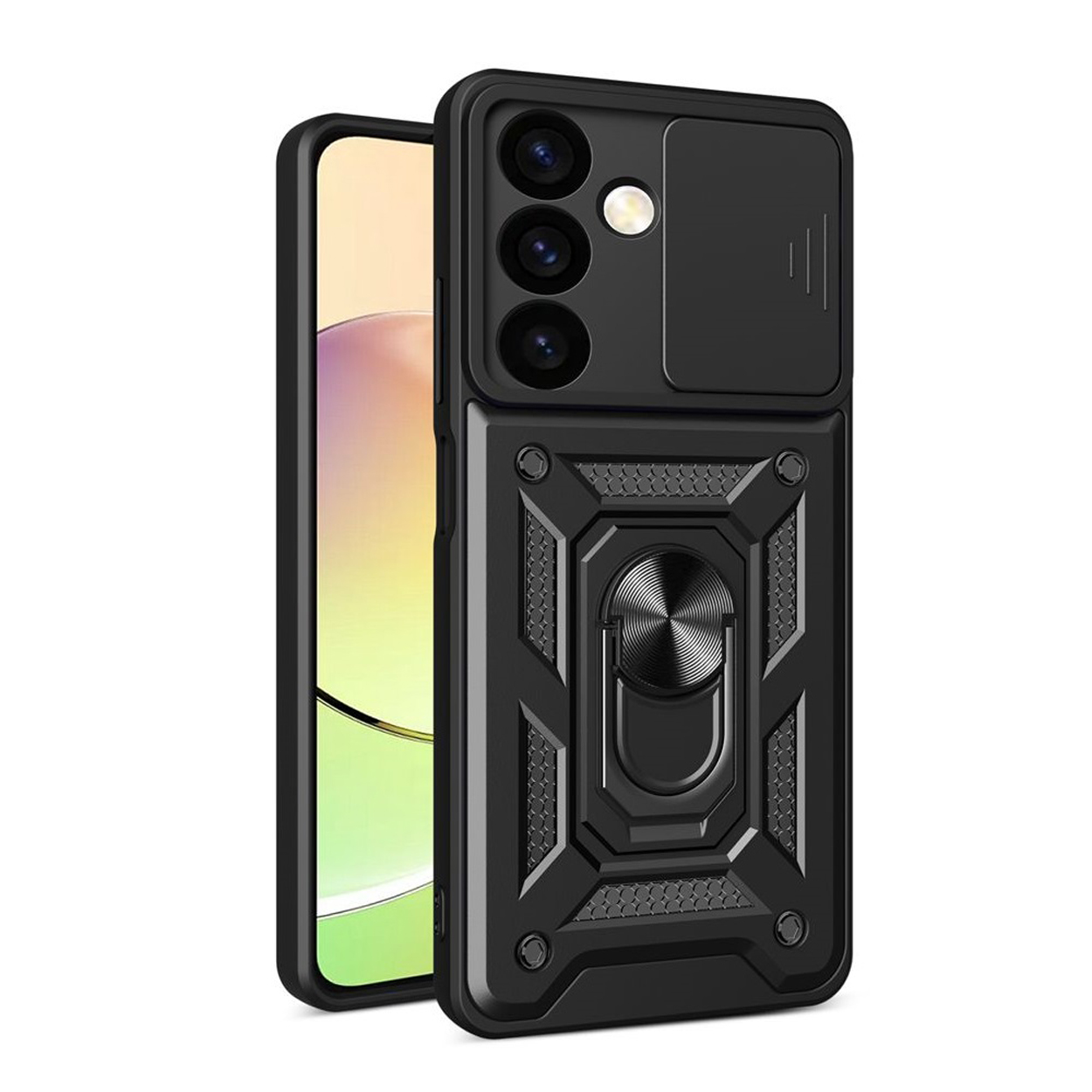 Een zwarte telefoonhoes met drie kaartsleuven, een geldsleuf en een telefoon.